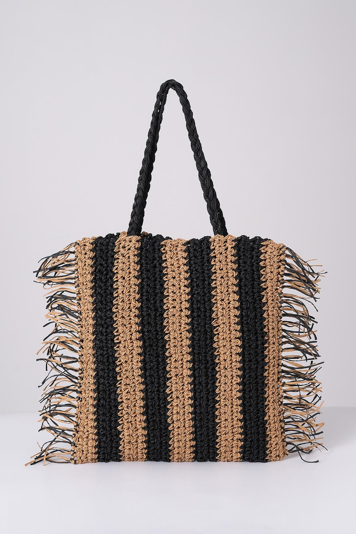 Deri Aksesuarlı El Örgü Plaj Günlük Çanta