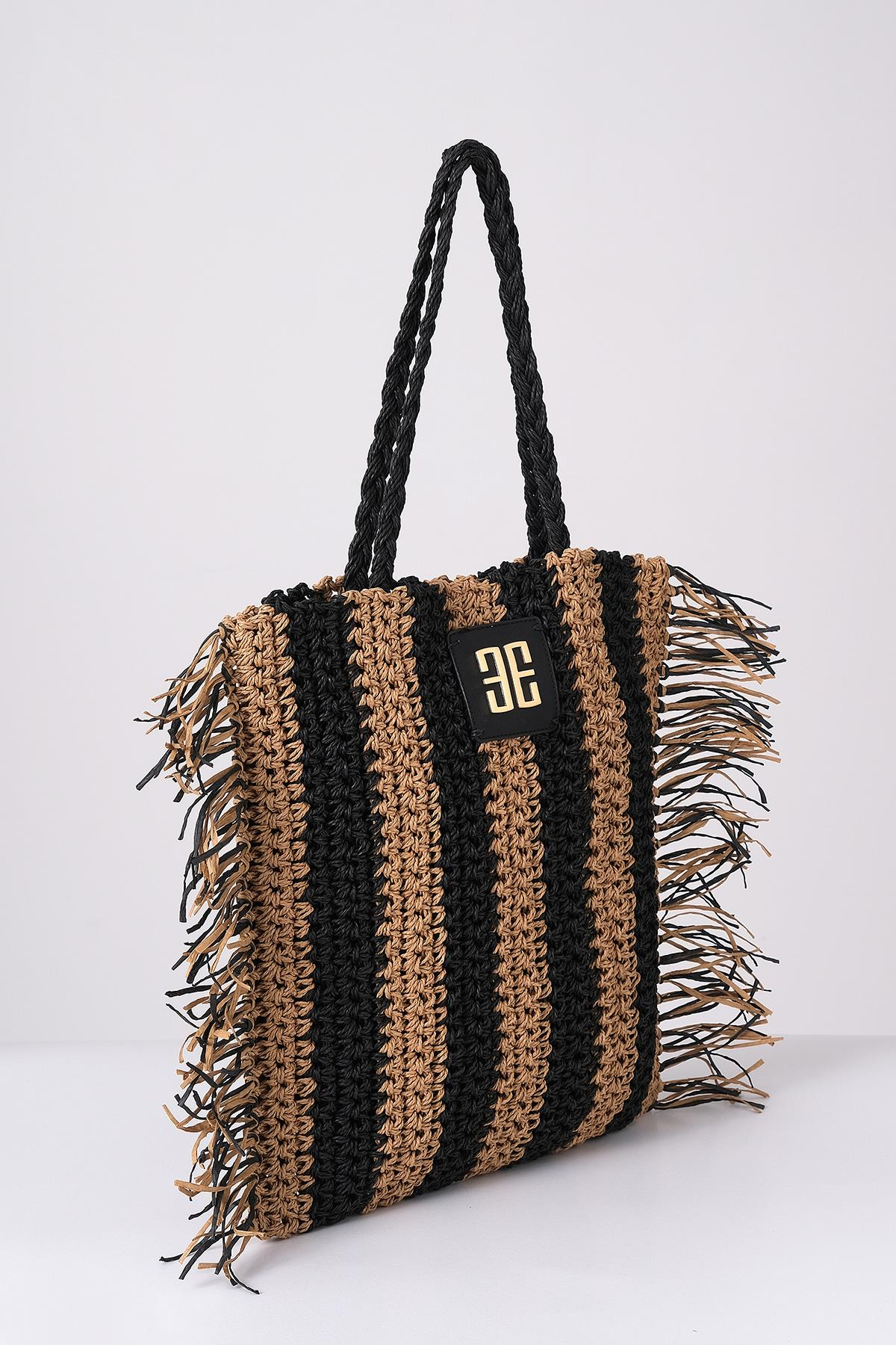 Deri Aksesuarlı El Örgü Plaj Günlük Çanta