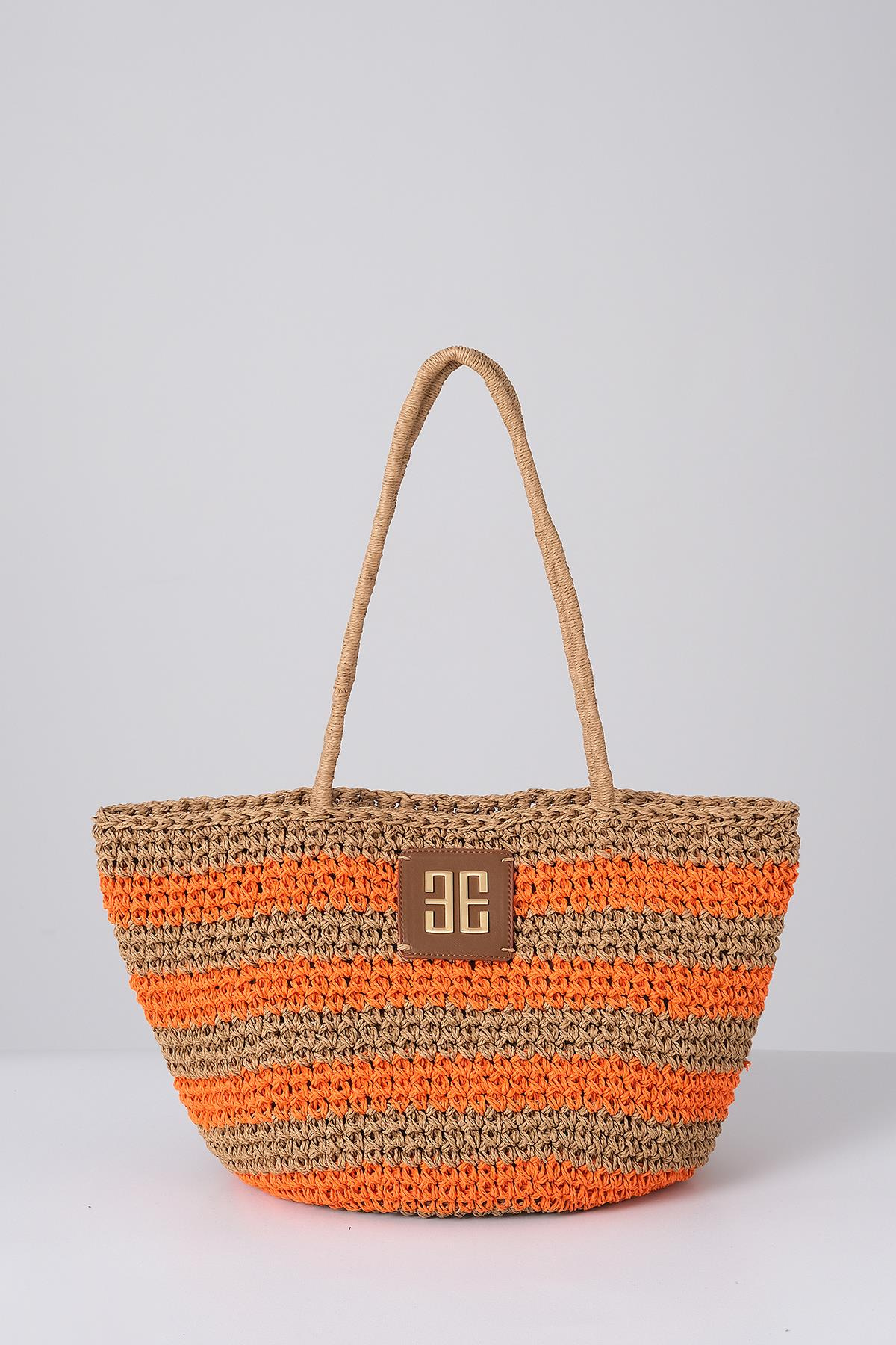 Deri Aksesuarlı El Örgü Plaj Günlük Çanta