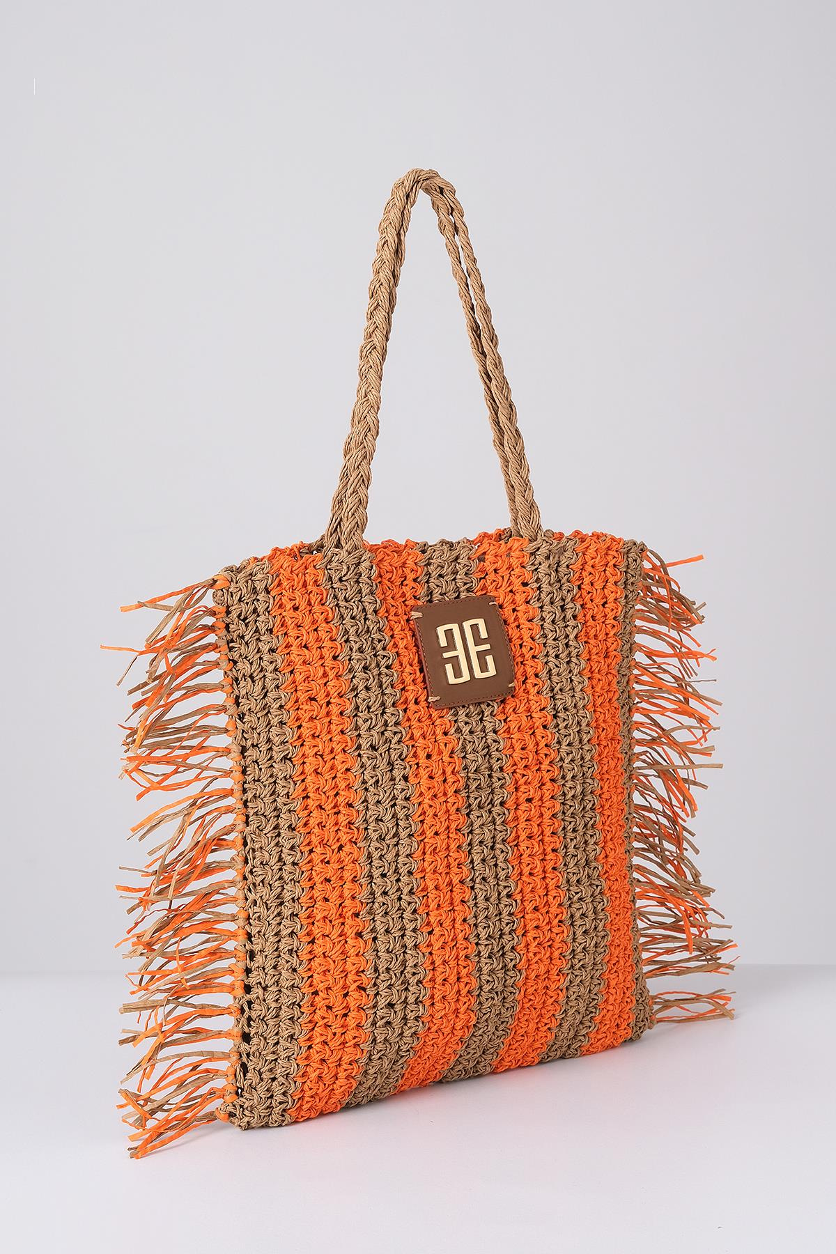 Deri Aksesuarlı El Örgü Plaj Günlük Çanta