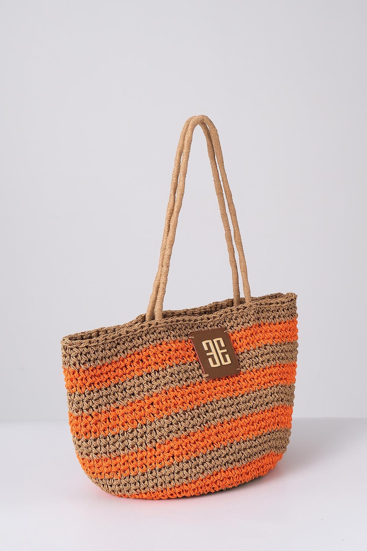 Deri Aksesuarlı El Örgü Plaj Günlük Çanta