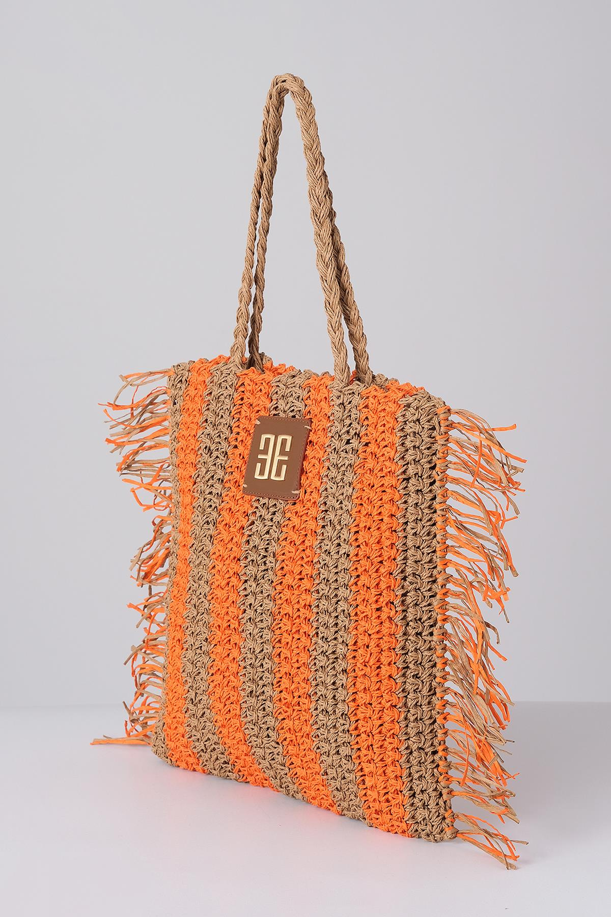 Deri Aksesuarlı El Örgü Plaj Günlük Çanta