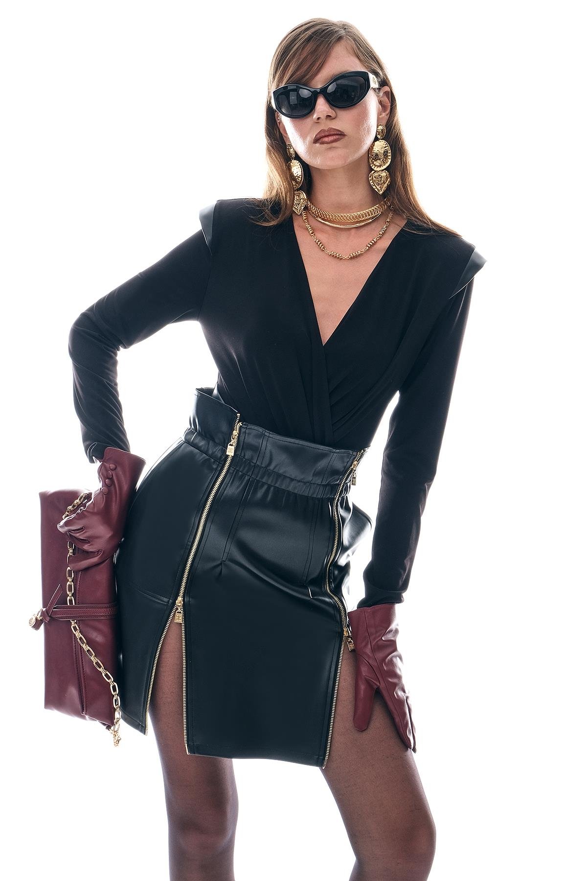 Deri Çift Fermuar Ve Beli Lastik Detaylı Etek