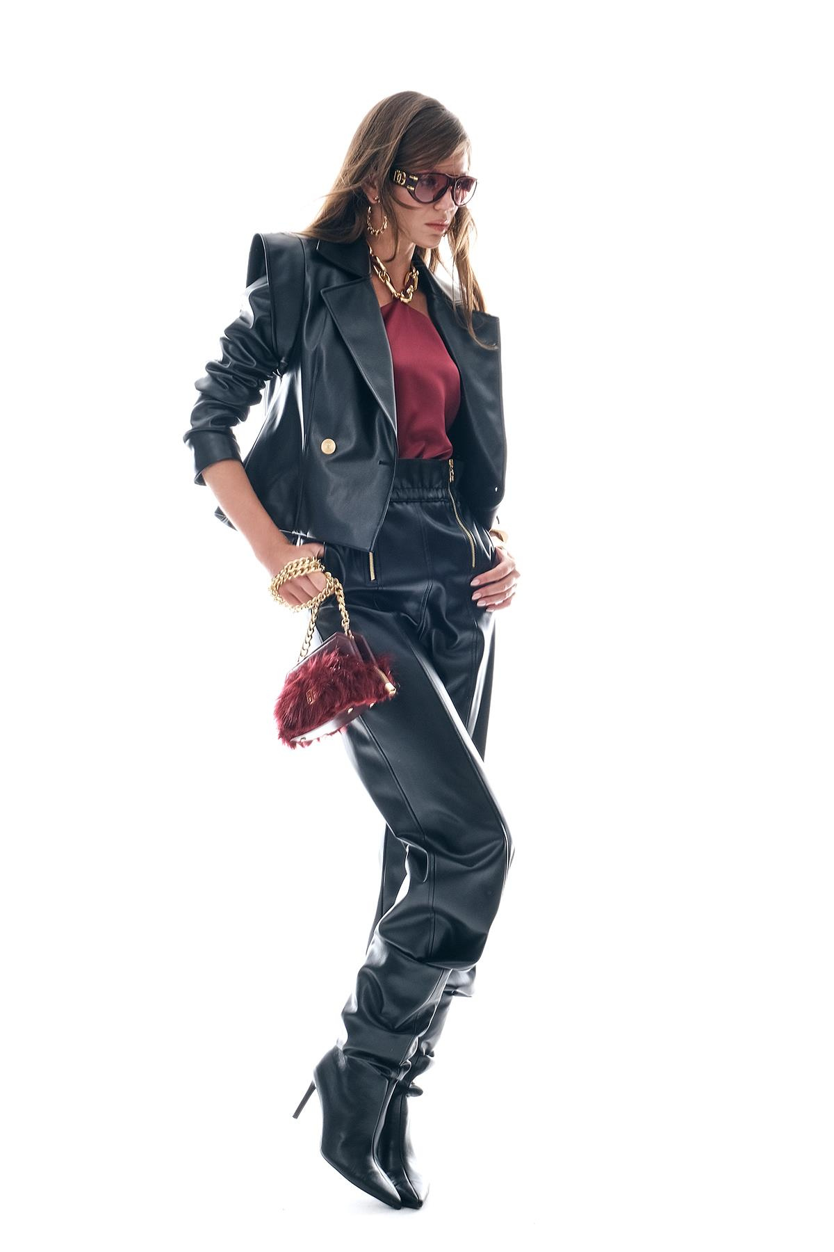 Deri Fermuar Detaylı Beli Lastikli Pantolon