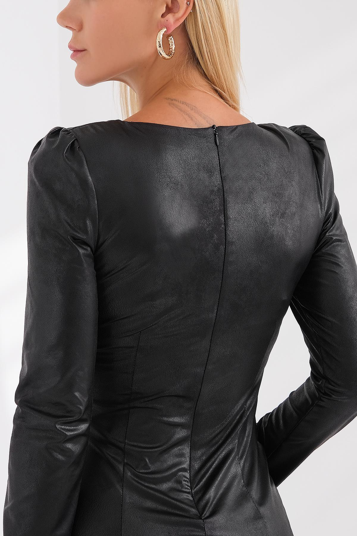 Deri Görünümlü V Yakalı Mini Elbise