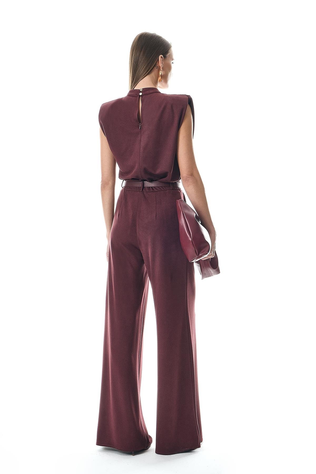 Deri Kemerli Çift Pili Detaylı Süet Pantolon