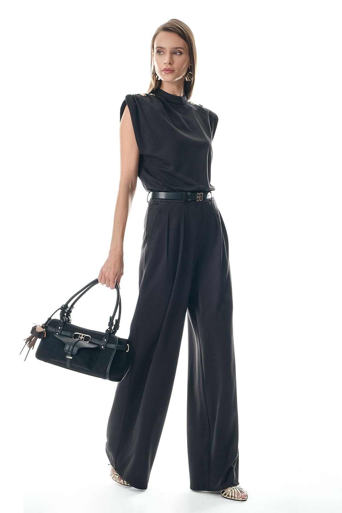 Deri Kemerli Çift Pili Detaylı Süet Pantolon