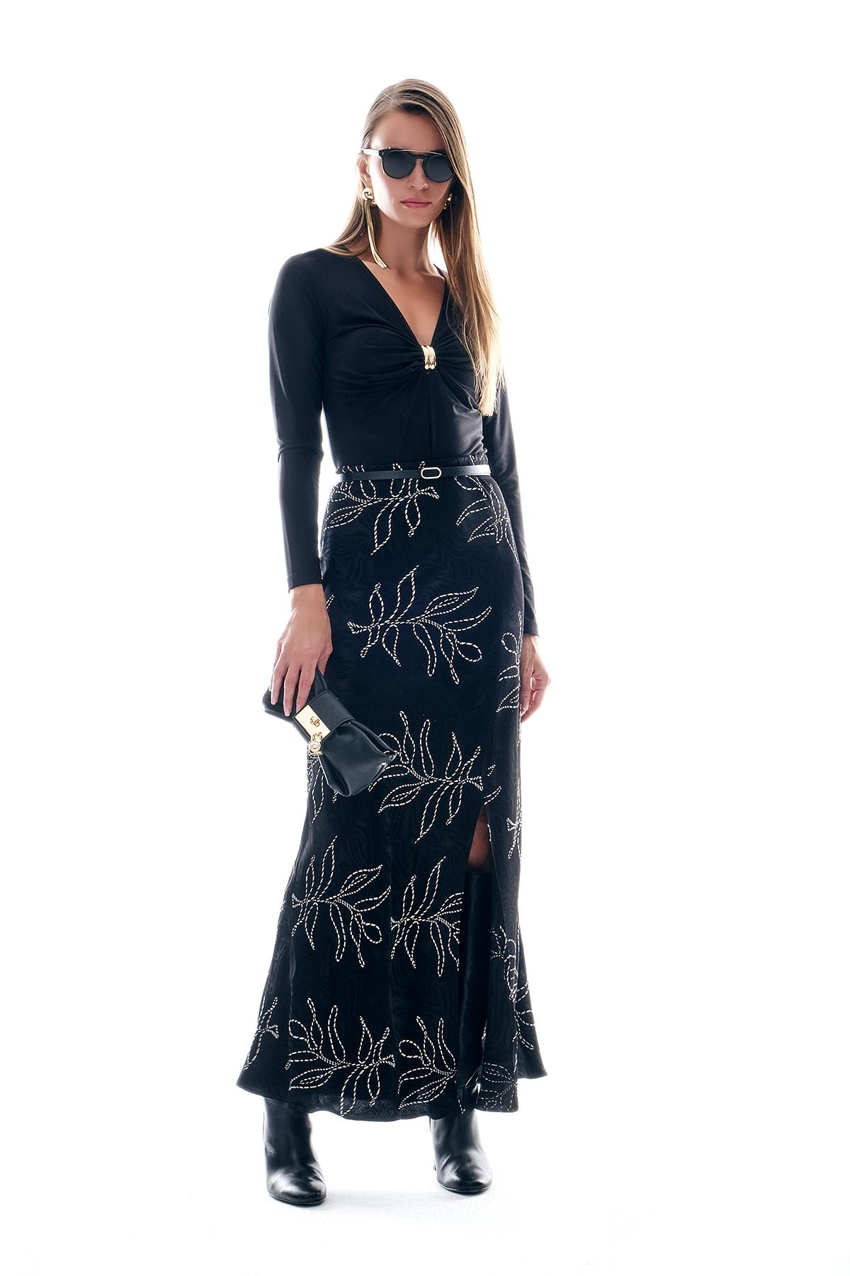 Deri Kemerli Desenli Jakar Midi Etek