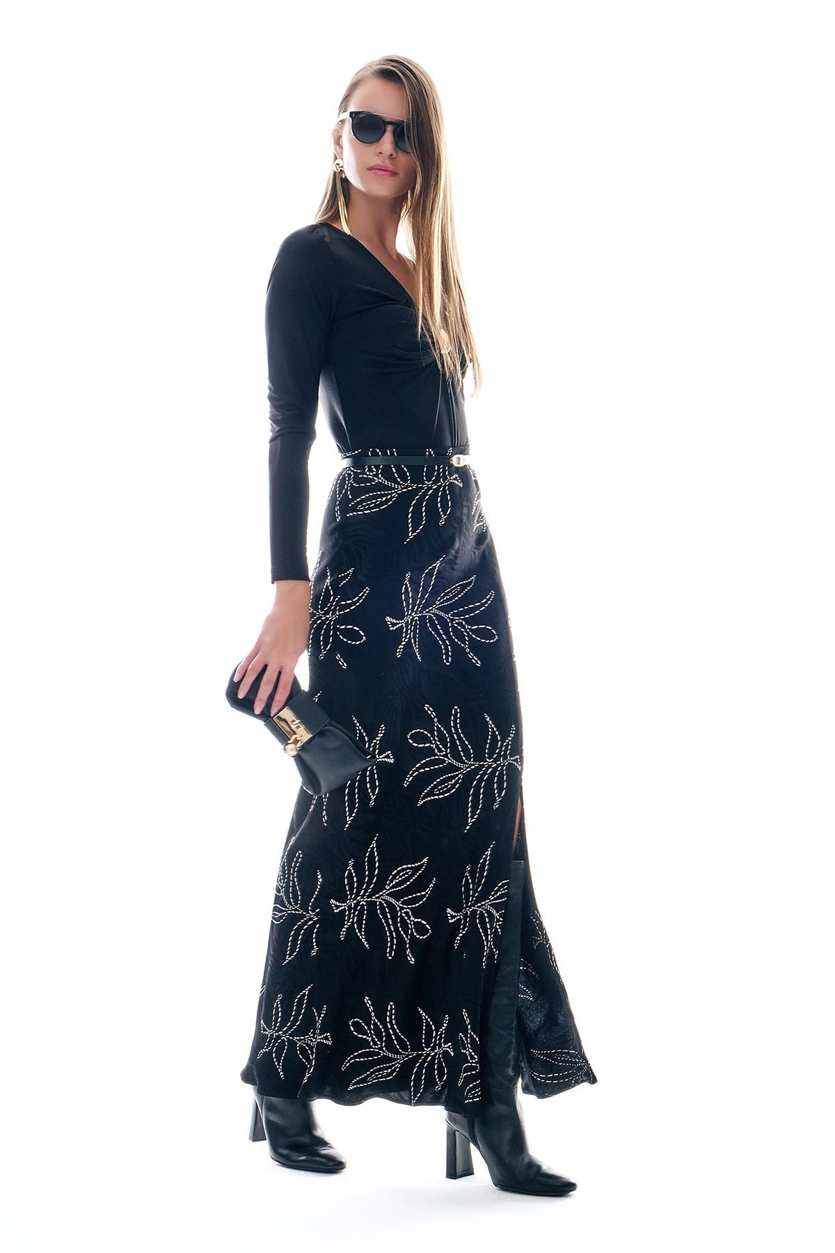 Deri Kemerli Desenli Jakar Midi Etek