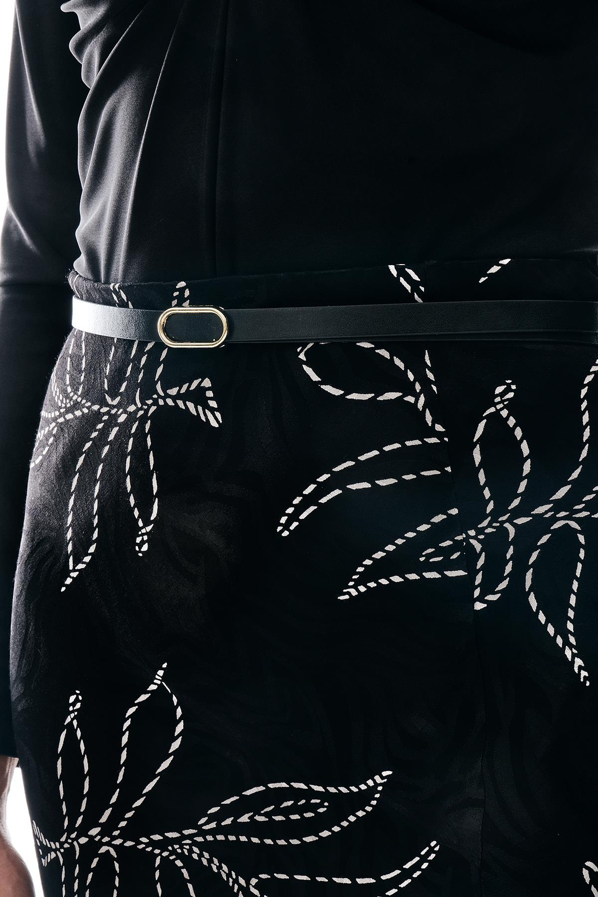 Deri Kemerli Desenli Jakar Midi Etek