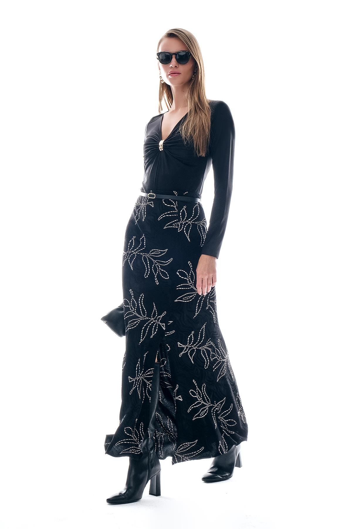 Deri Kemerli Desenli Jakar Midi Etek