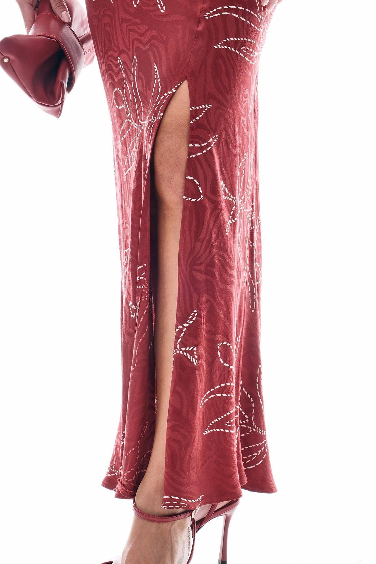 Deri Kemerli Desenli Jakar Midi Etek