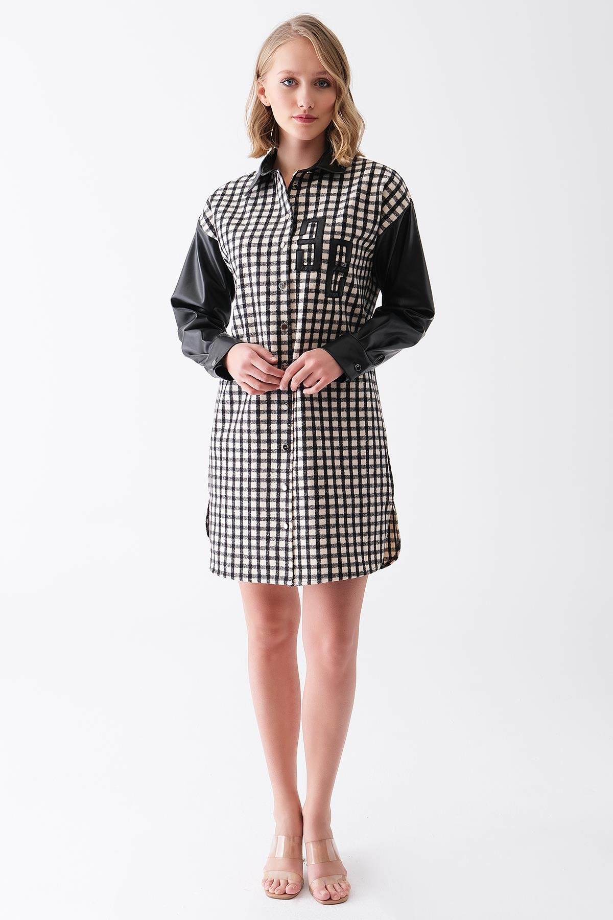 Deri Logo Detaylı Gömlek Elbise