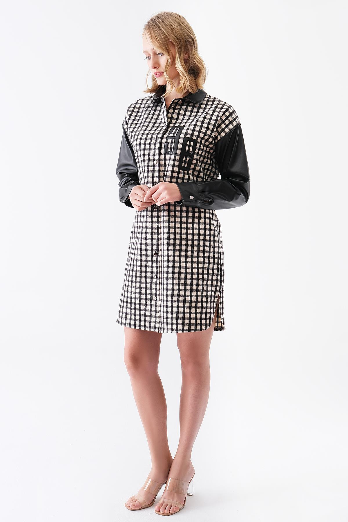 Deri Logo Detaylı Gömlek Elbise