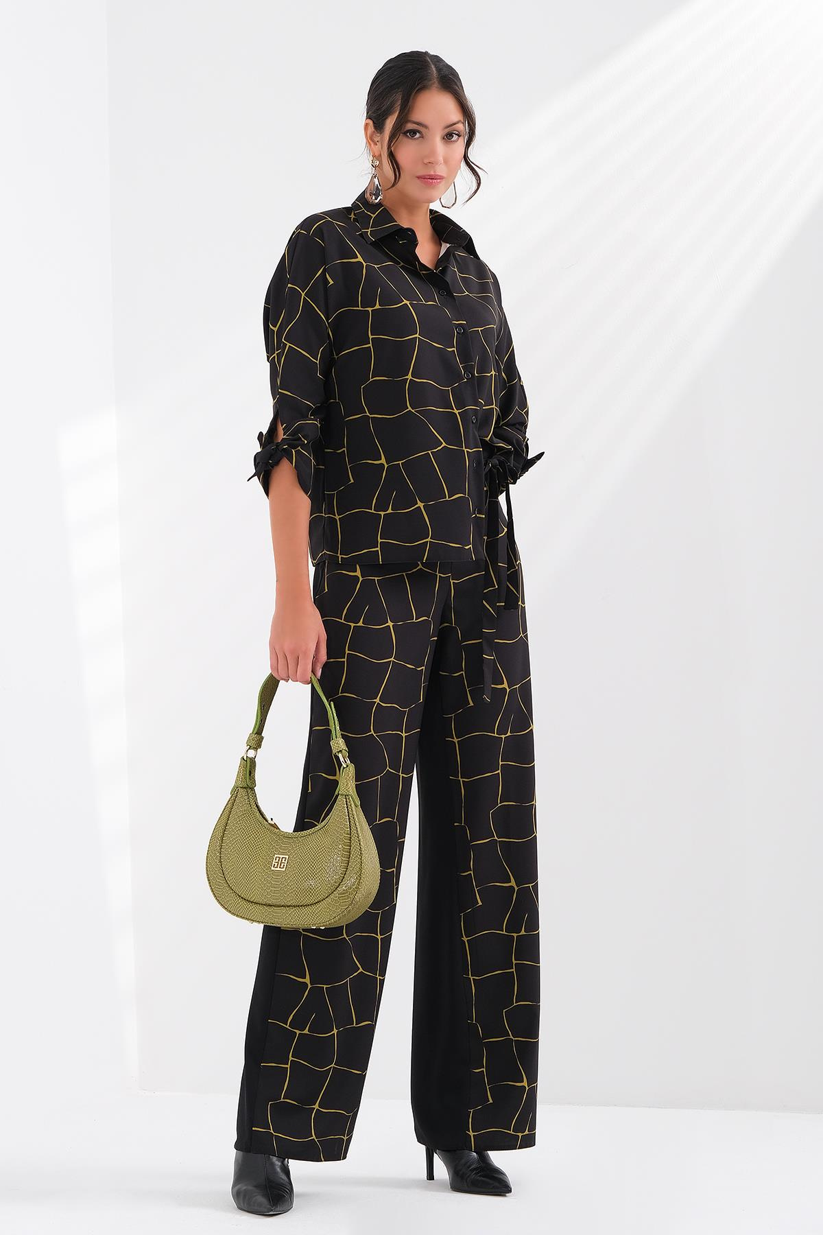 Desen Garnili Kuşaklı Pantolon