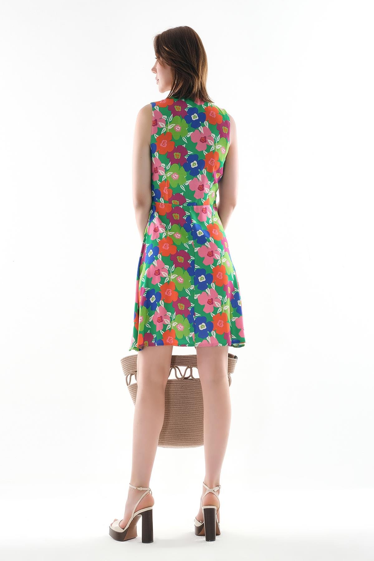 Desenli Beli Bağlamalı Mini Elbise