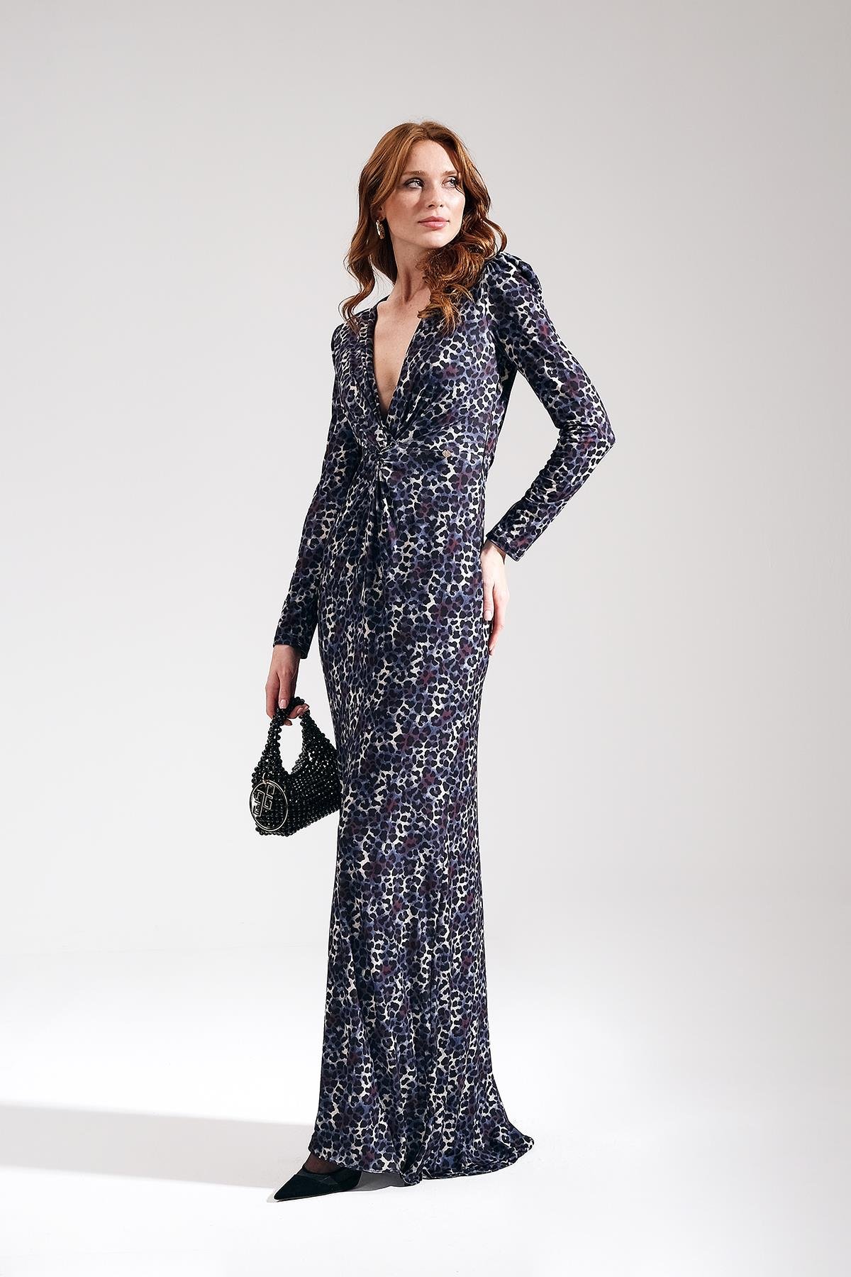 Desenli Beli Düğüm Detaylı Abiye Elbise