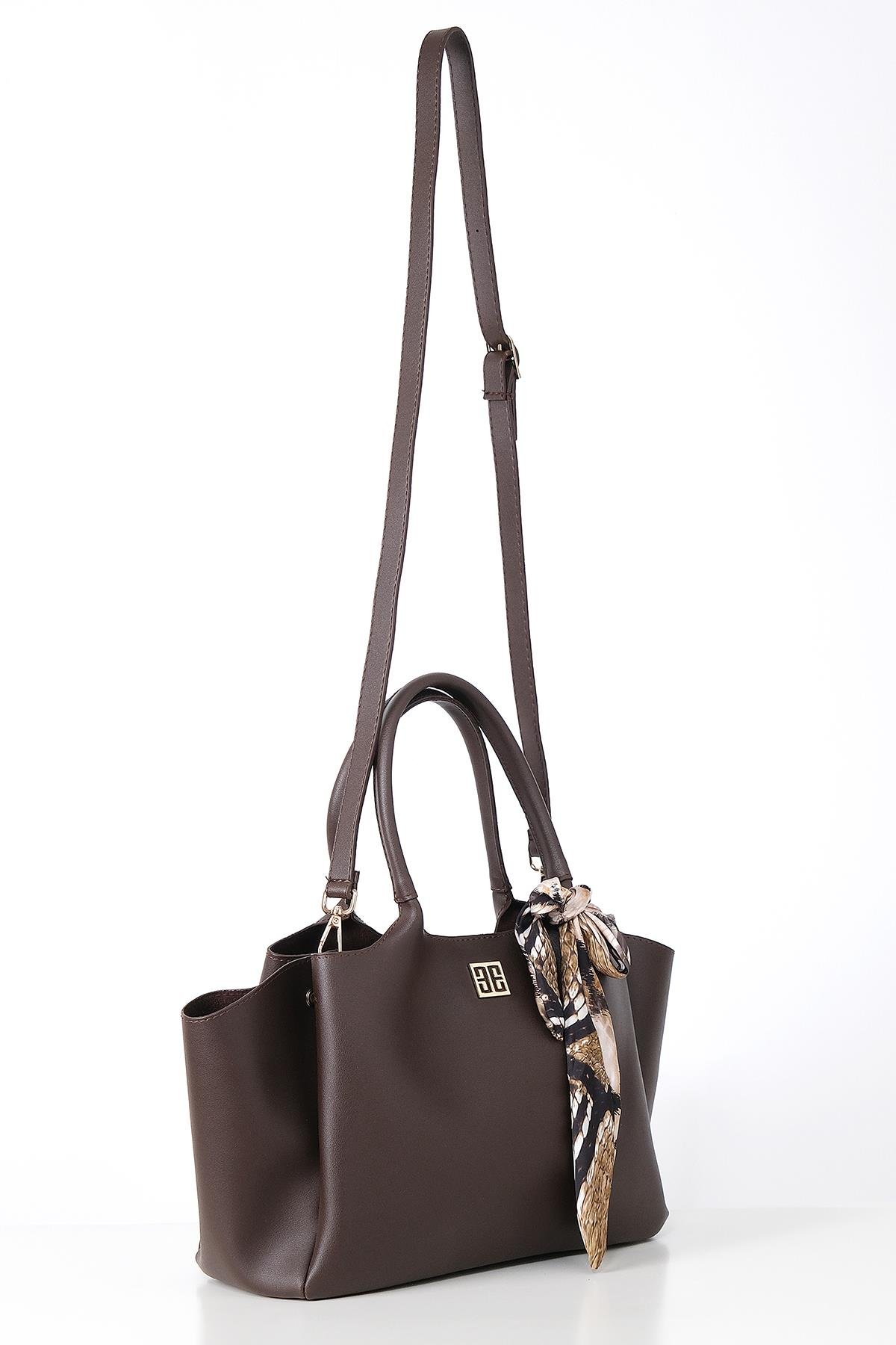 Desenli Fular Aksesuarlı Çift Saplı Logolu Askılı Geniş Hacimli City Çanta