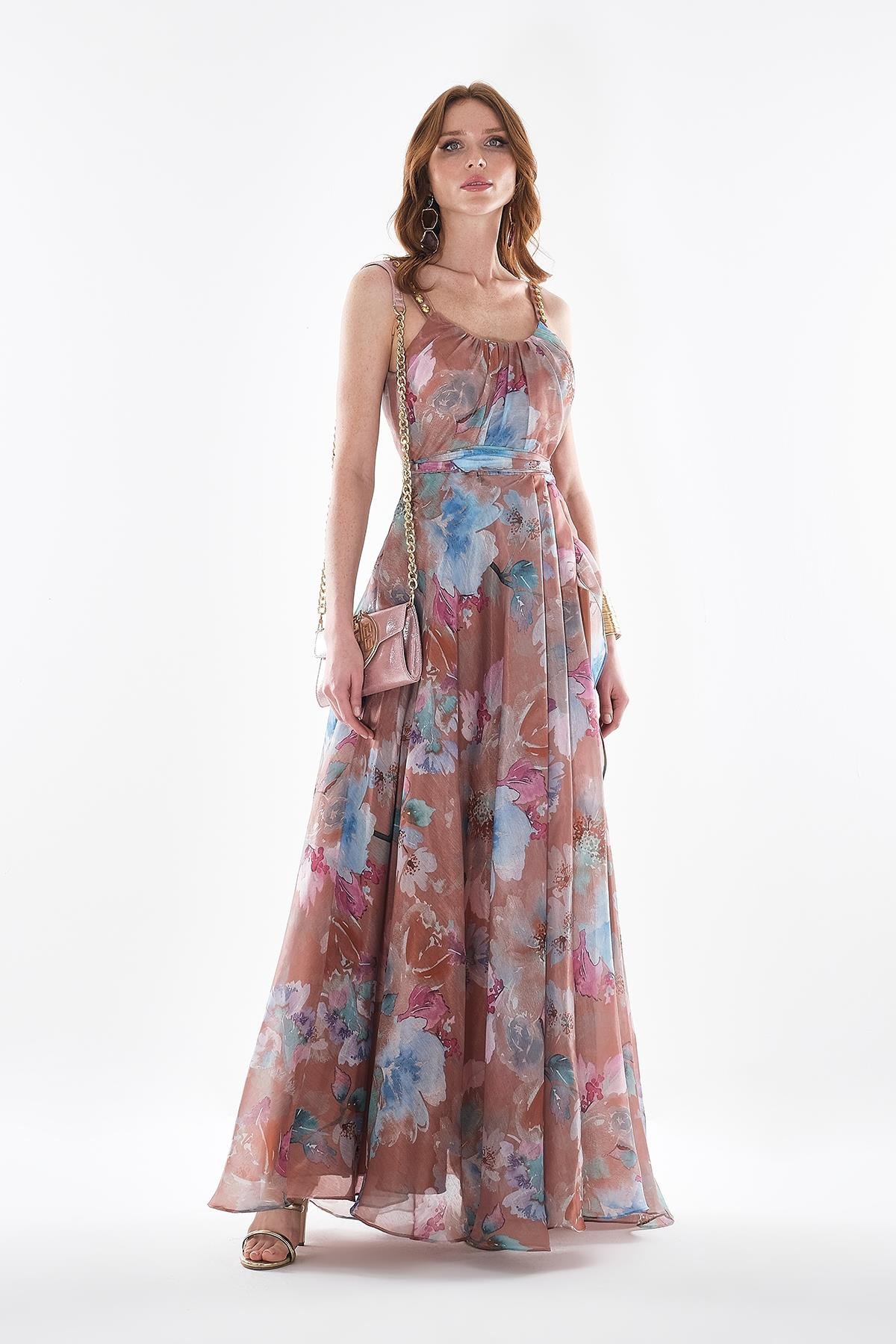 Desenli Organze Askısı Taş İşlemeli Yırtmaçlı Abiye Elbise