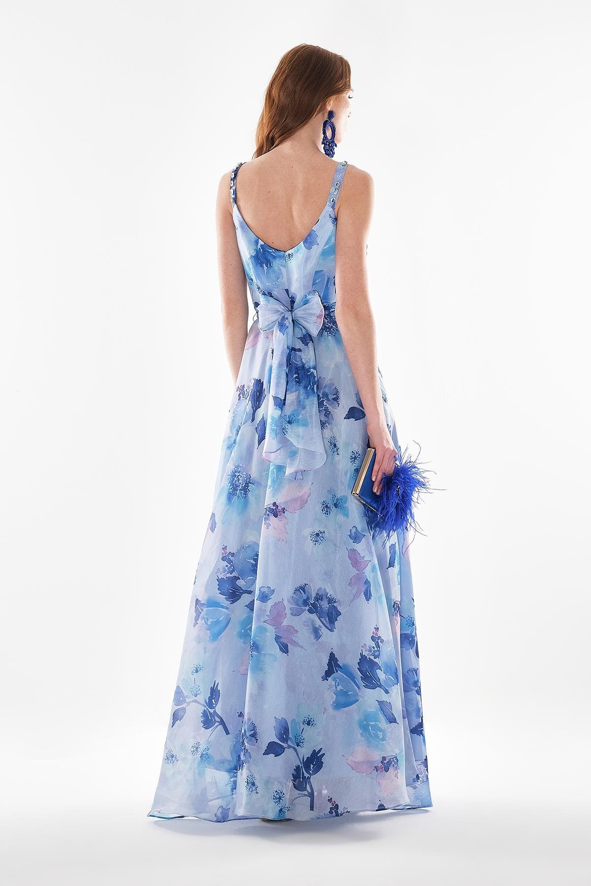 Desenli Organze Askısı Taş İşlemeli Yırtmaçlı Abiye Elbise