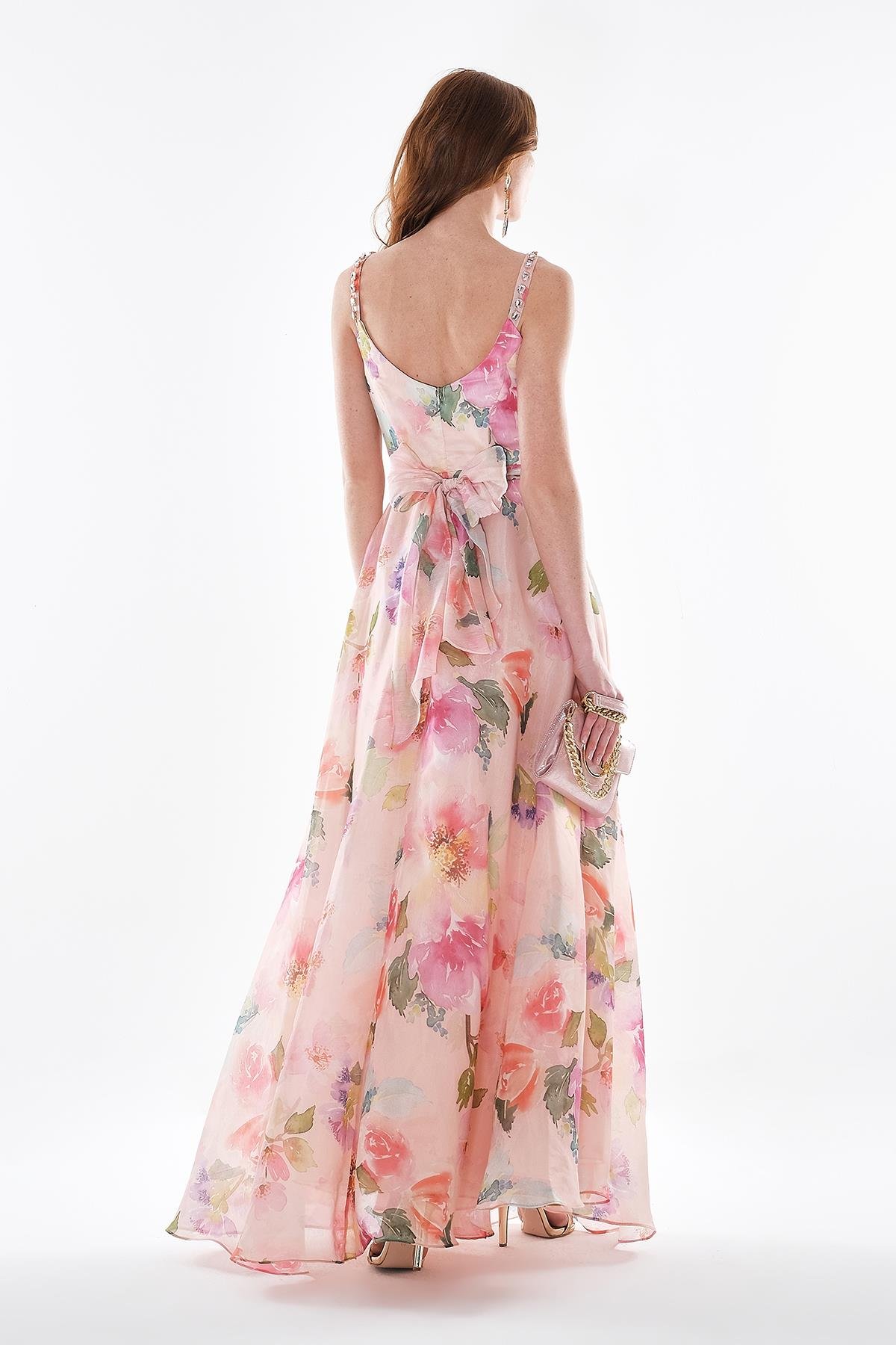 Desenli Organze Askısı Taş İşlemeli Yırtmaçlı Abiye Elbise