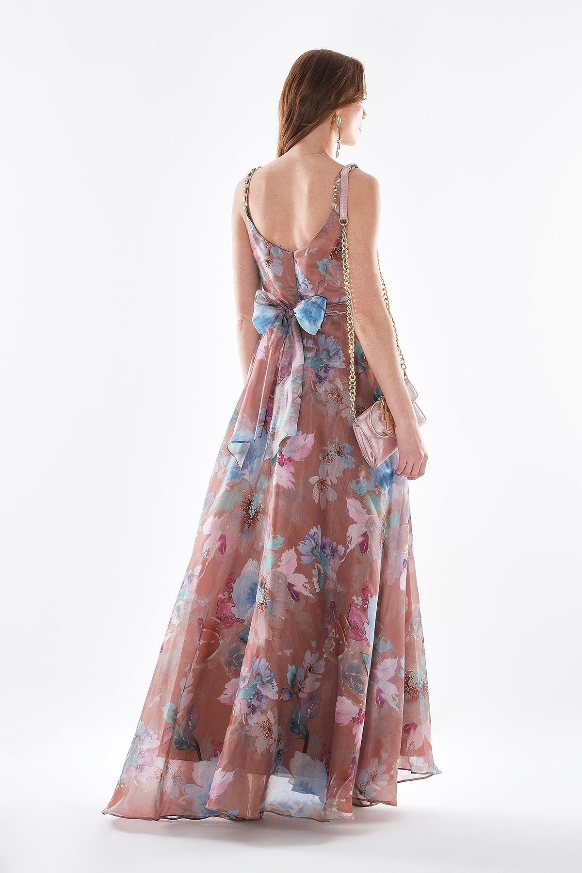 Desenli Organze Askısı Taş İşlemeli Yırtmaçlı Abiye Elbise