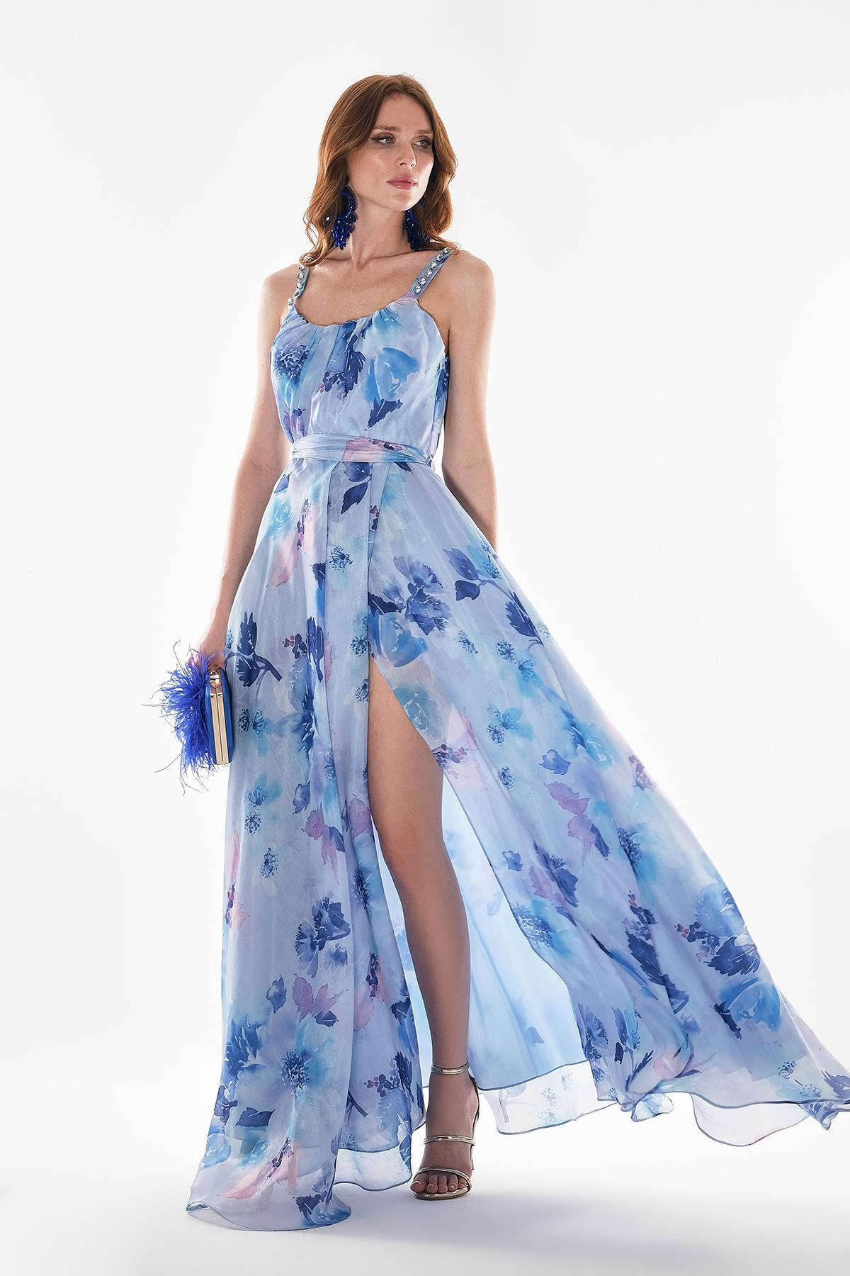 Desenli Organze Askısı Taş İşlemeli Yırtmaçlı Abiye Elbise