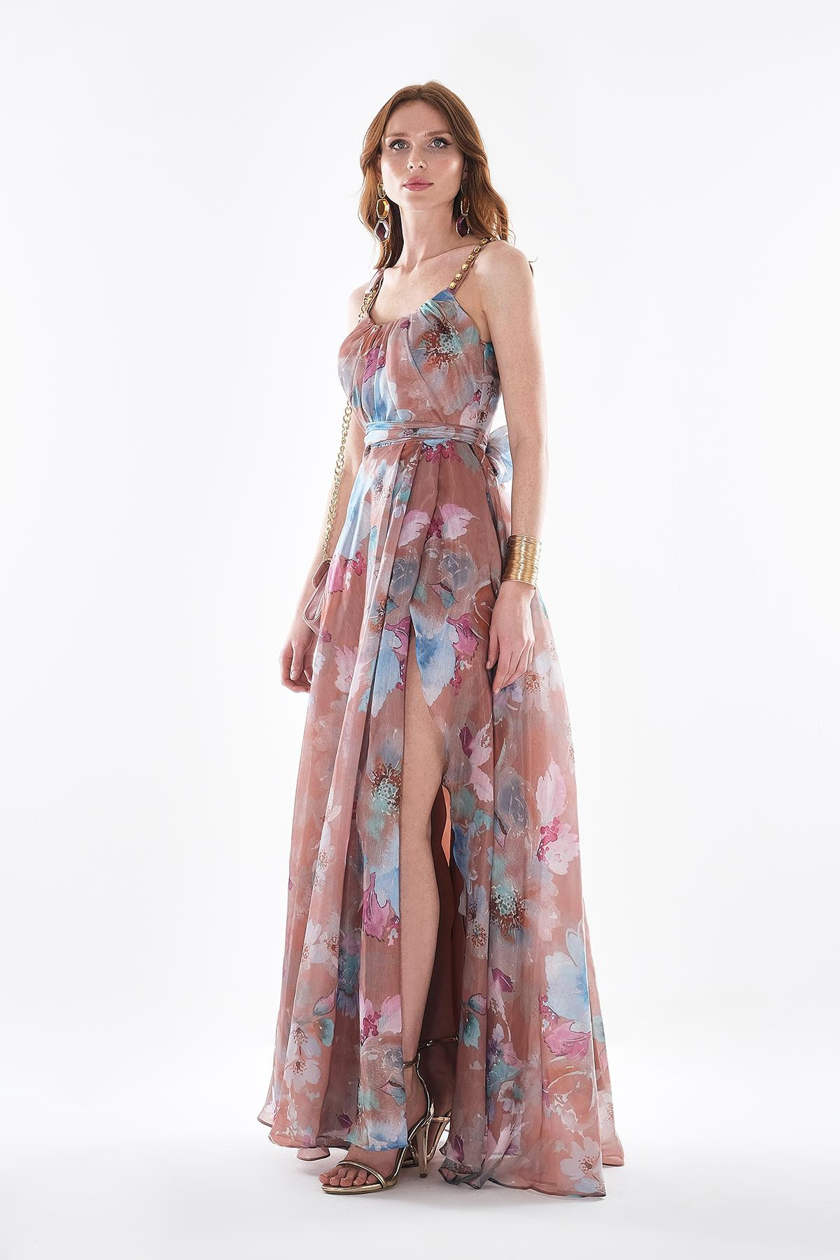 Desenli Organze Askısı Taş İşlemeli Yırtmaçlı Abiye Elbise