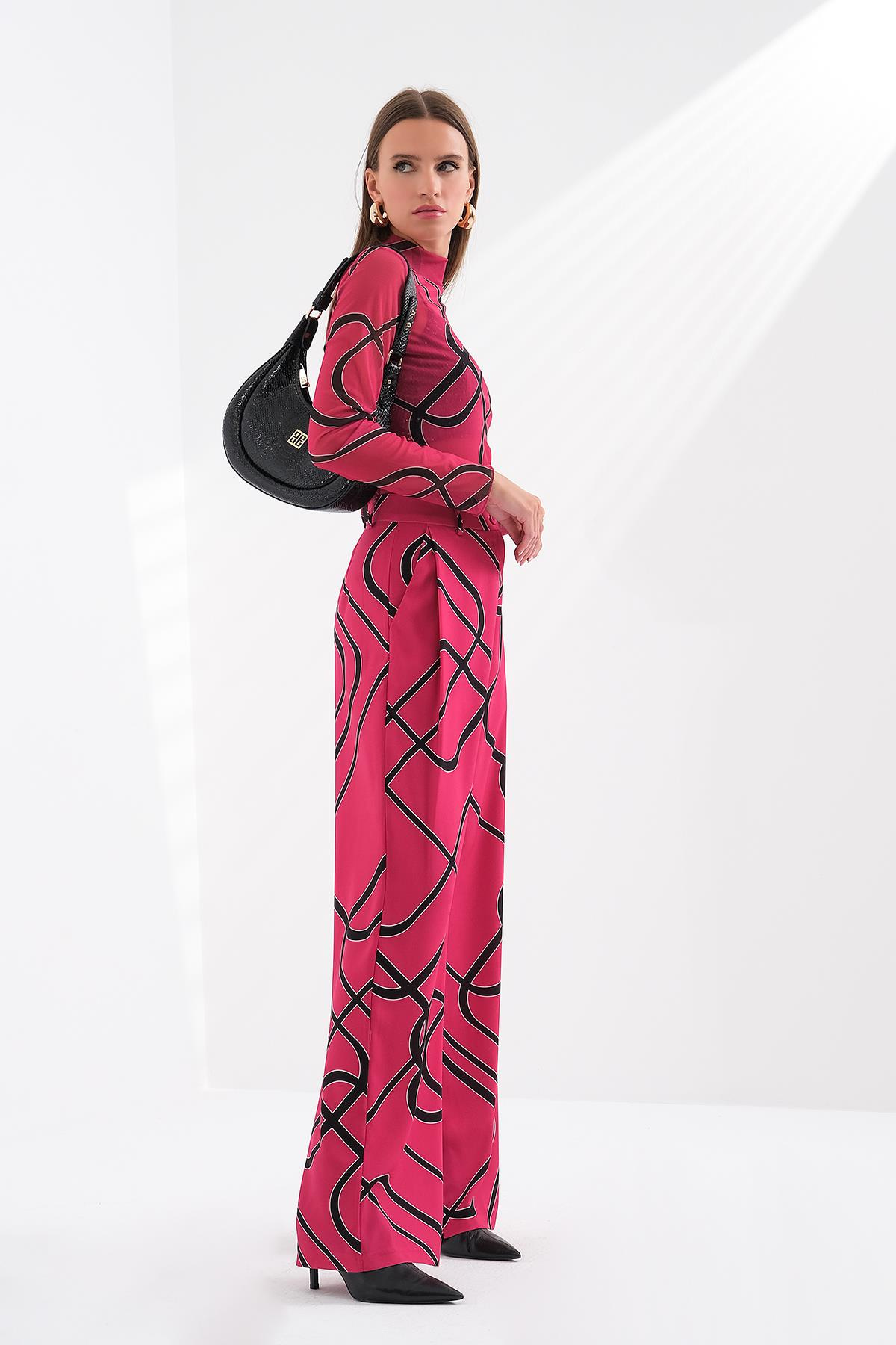 Desenli Pileli Yüksek Bel Pantolon