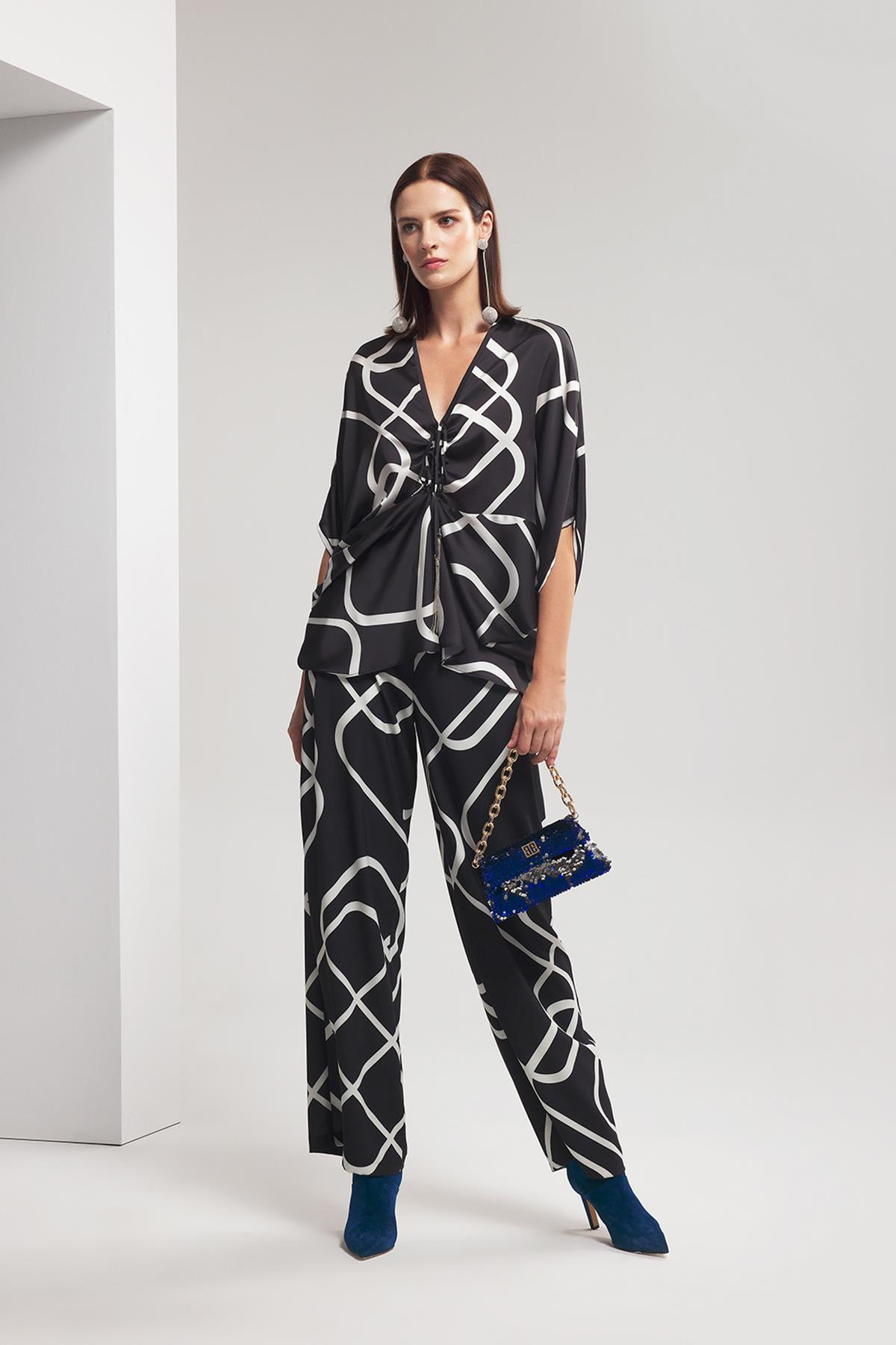 Desenli Pileli Yüksek Bel Pantolon