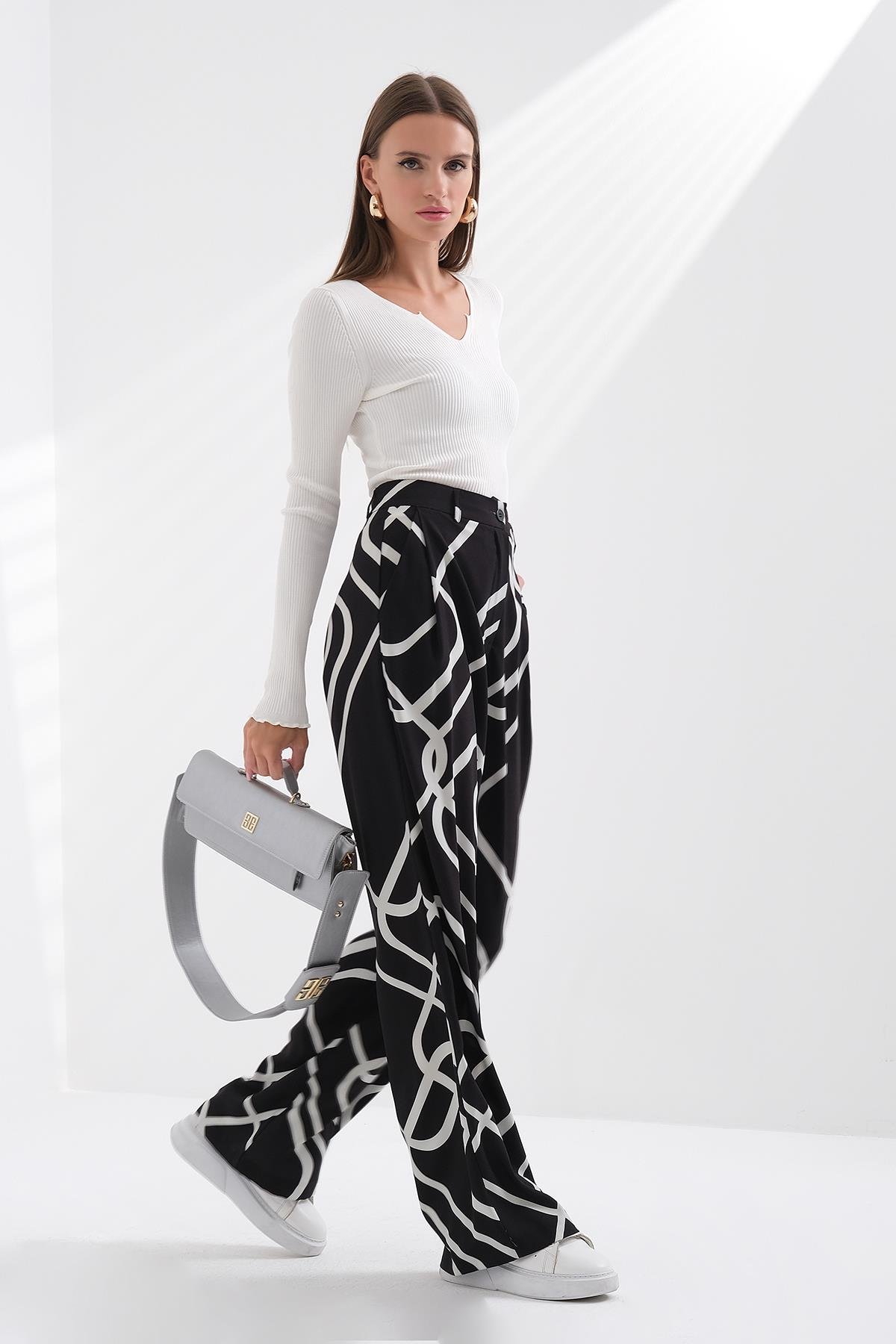 Desenli Pileli Yüksek Bel Pantolon