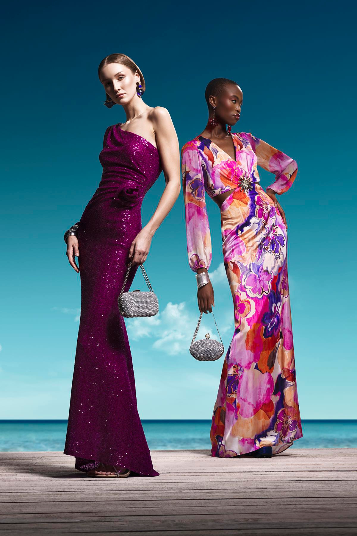 Desenli Saten Beli Dekolteli Maxi Boy Abiye Elbise