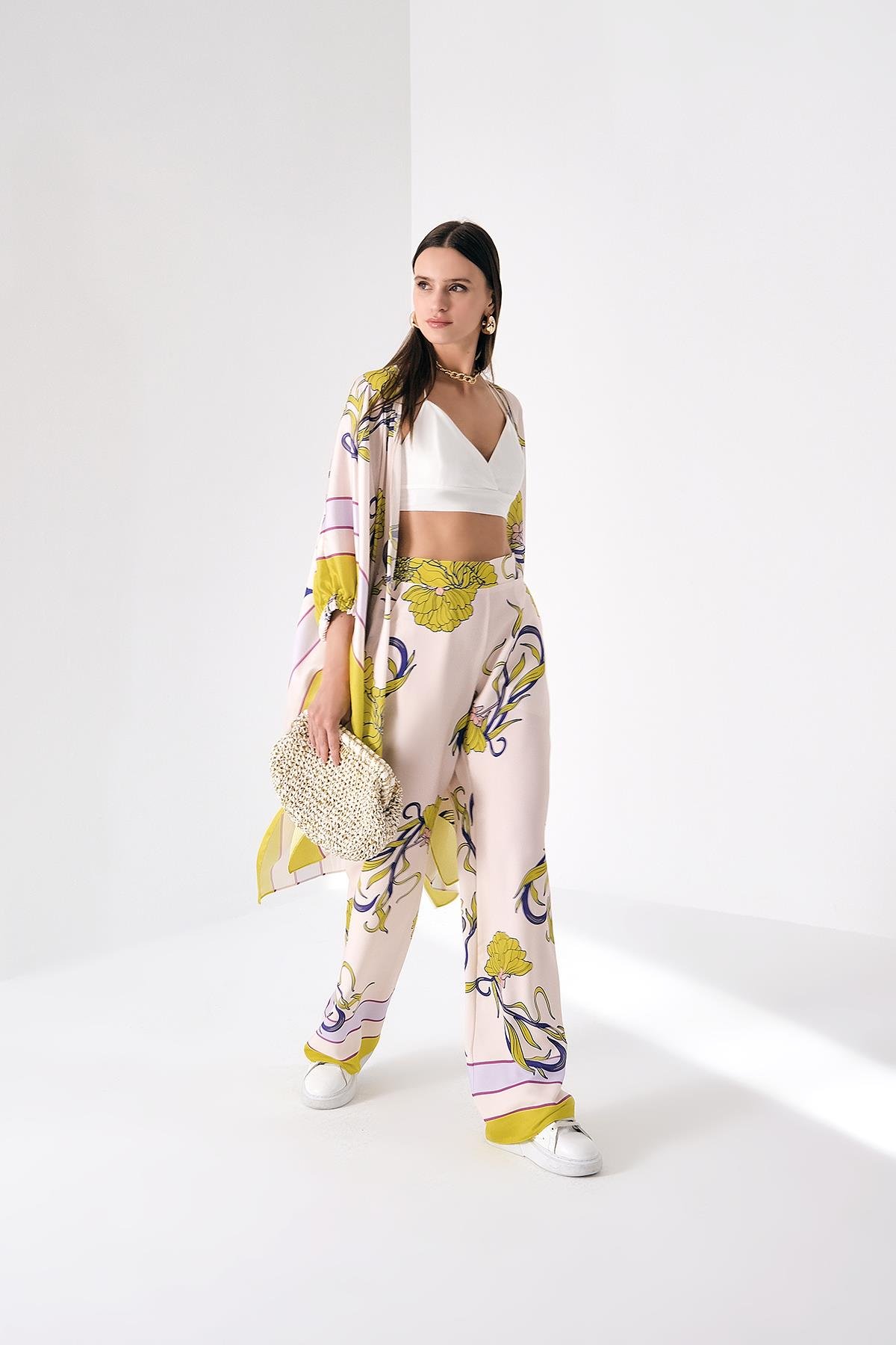 Desenli Saten Bol Paça Pantolon