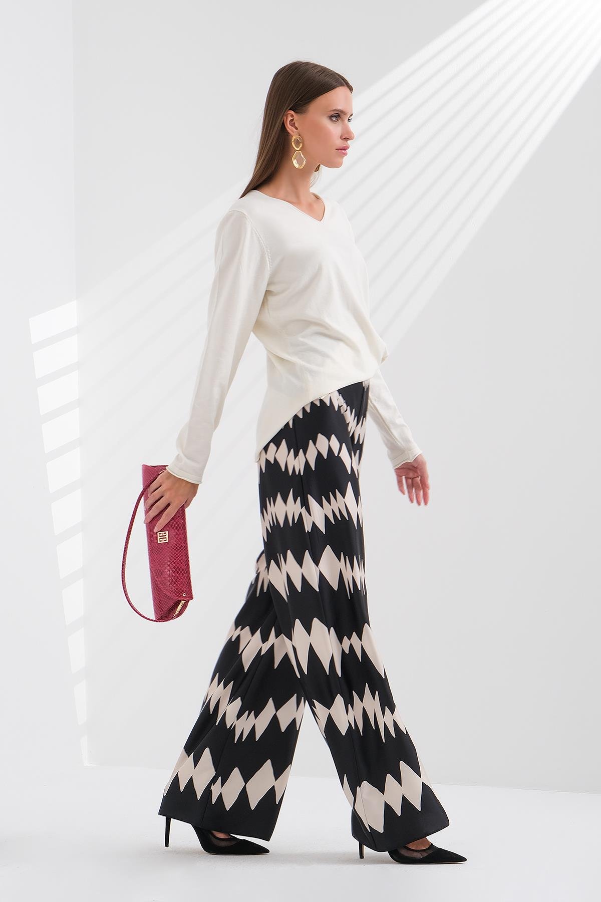 Desenli Saten Bol Paça Pantolon