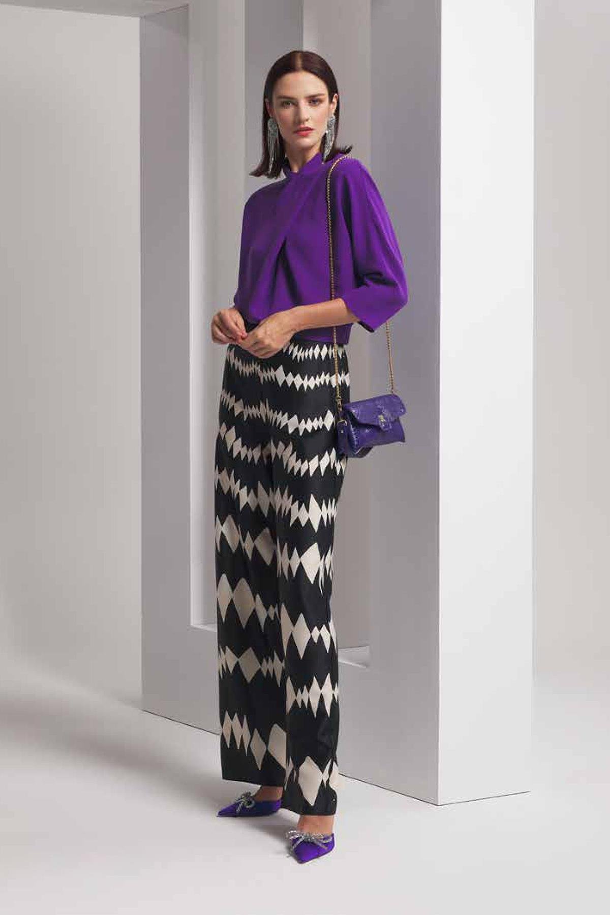 Desenli Saten Bol Paça Pantolon