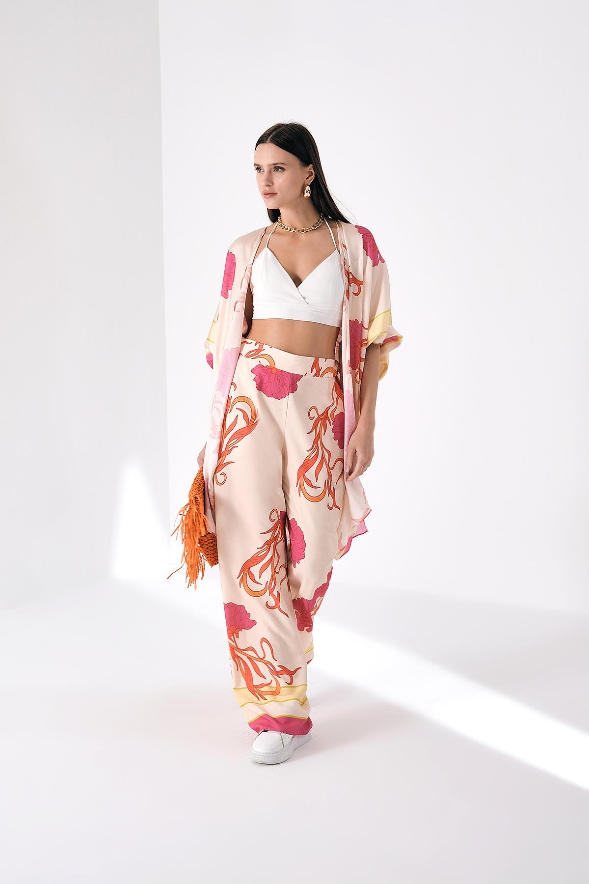 Desenli Saten Bol Paça Pantolon