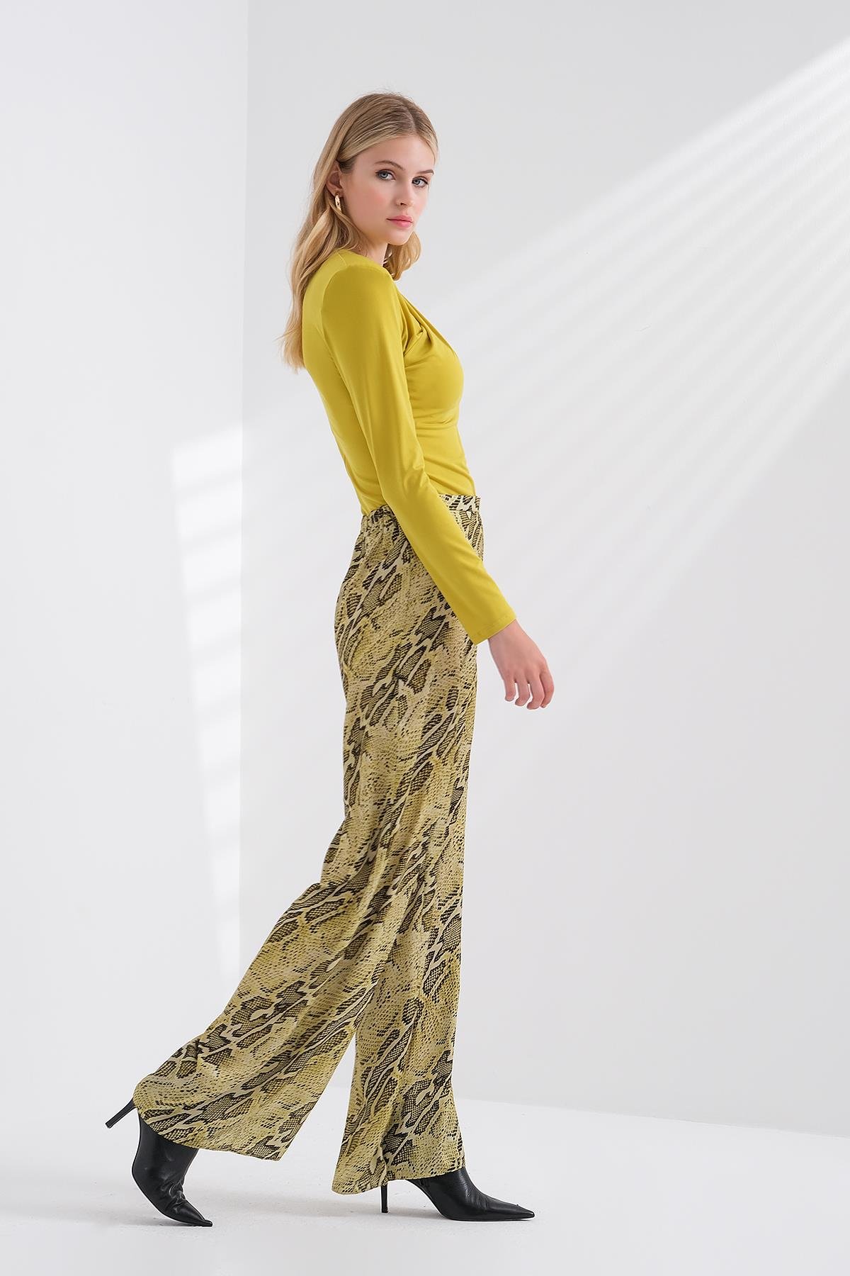 Desenli Saten Bol Paça Pantolon