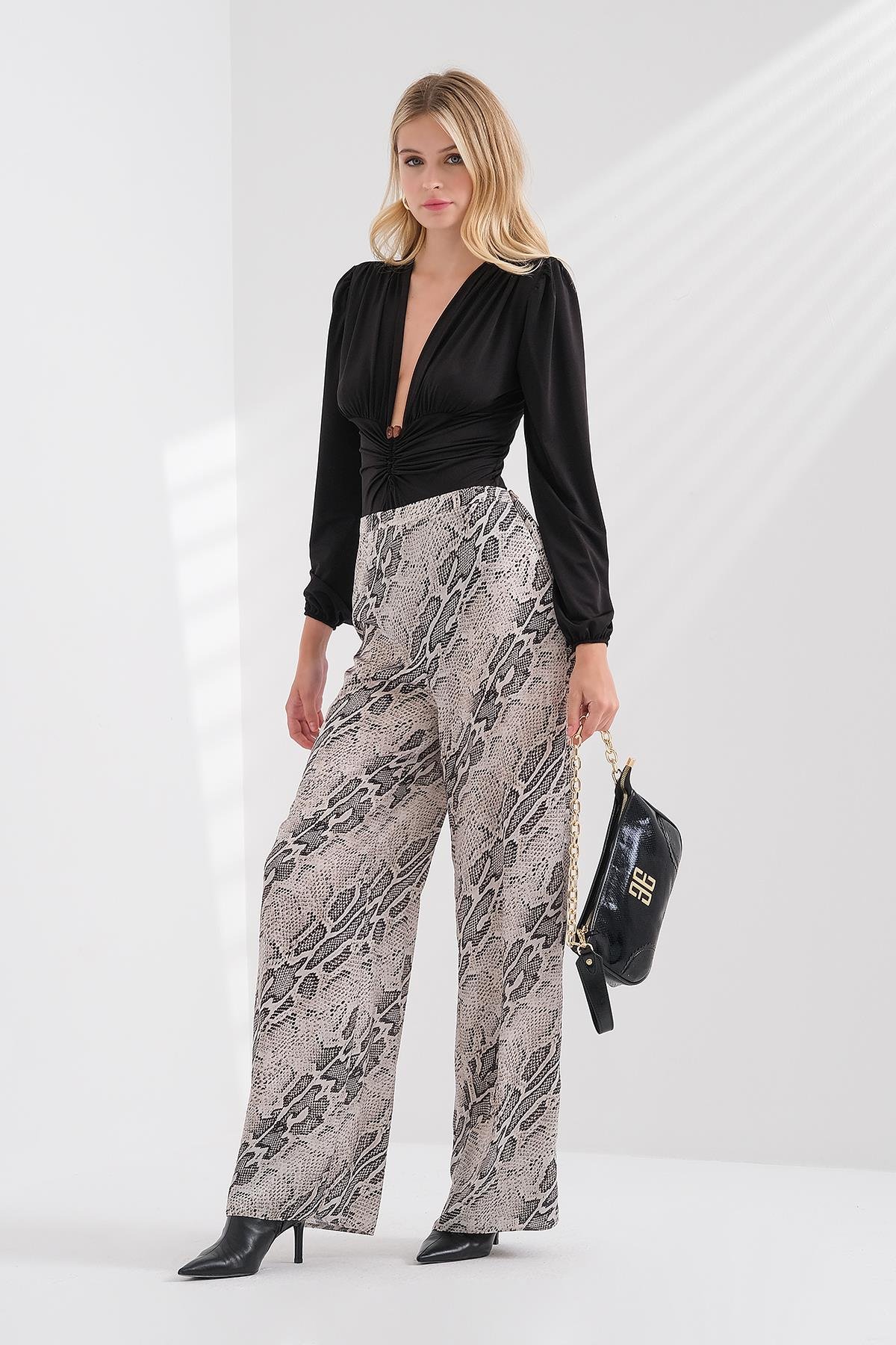 Desenli Saten Bol Paça Pantolon