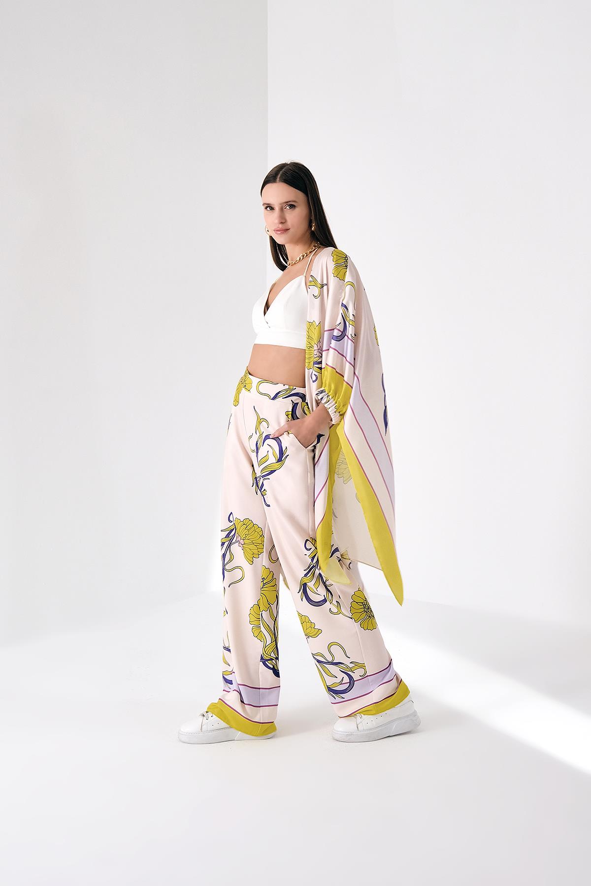 Desenli Saten Bol Paça Pantolon