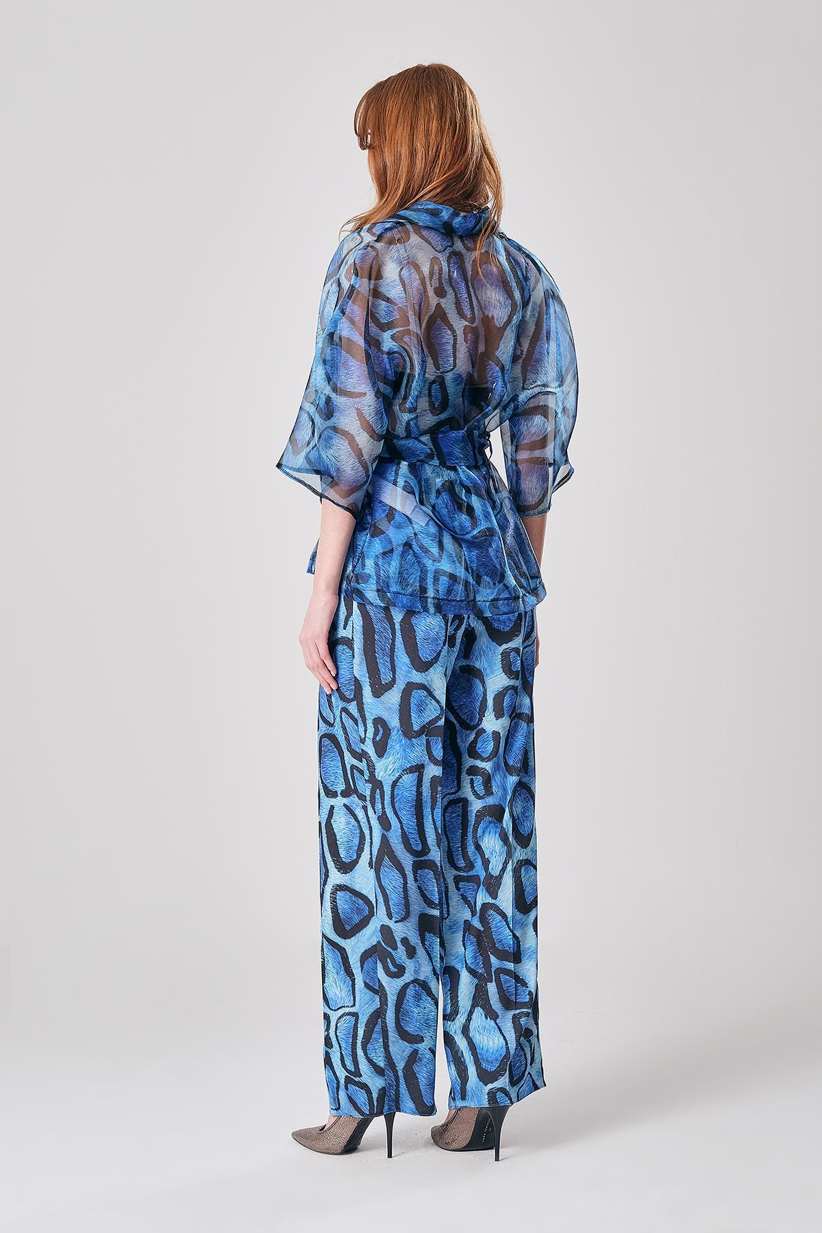 Desenli Saten Gold Düğmeli Yandan Cepli Bol Paça Pantolon