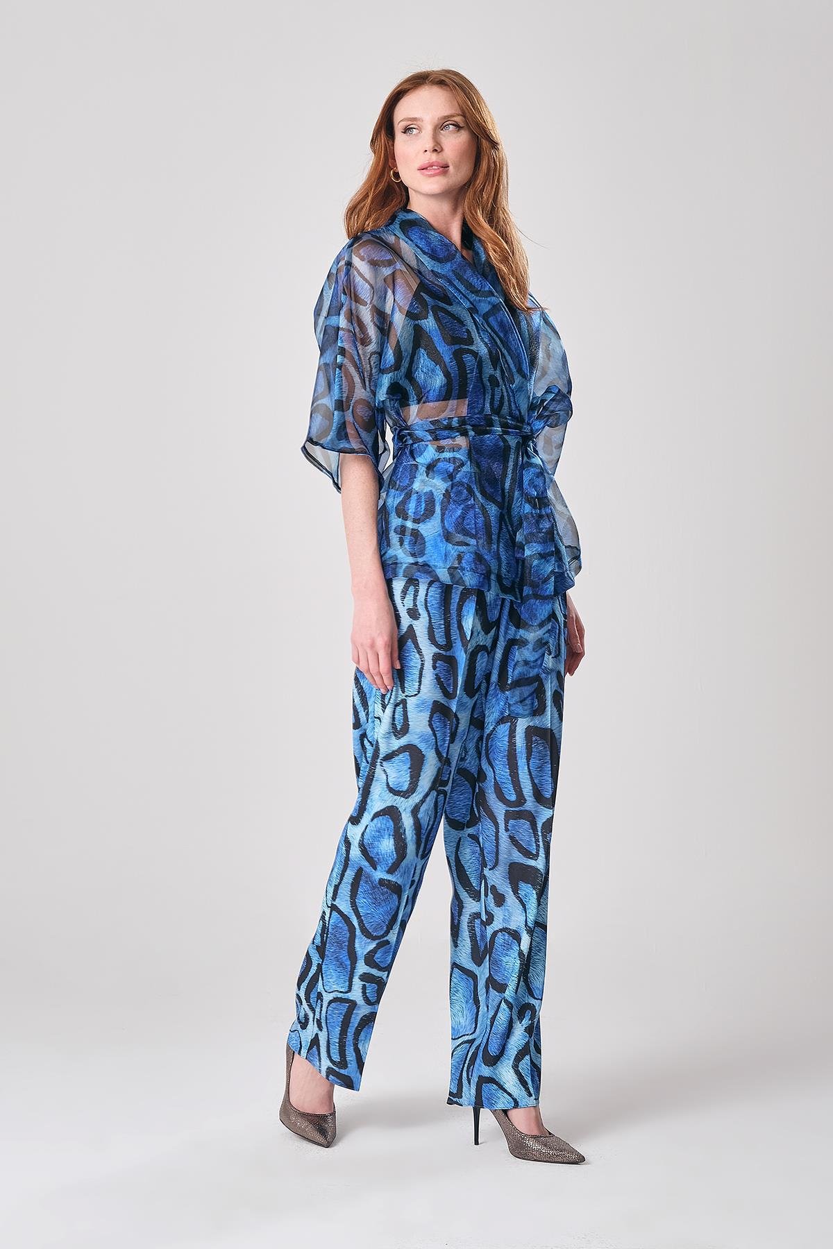 Desenli Saten Gold Düğmeli Yandan Cepli Bol Paça Pantolon