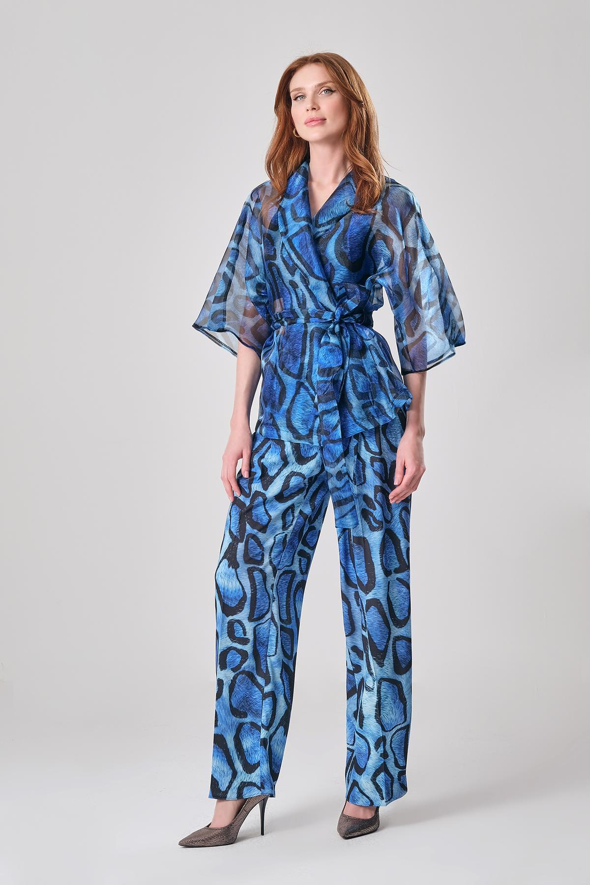 Desenli Saten Gold Düğmeli Yandan Cepli Bol Paça Pantolon