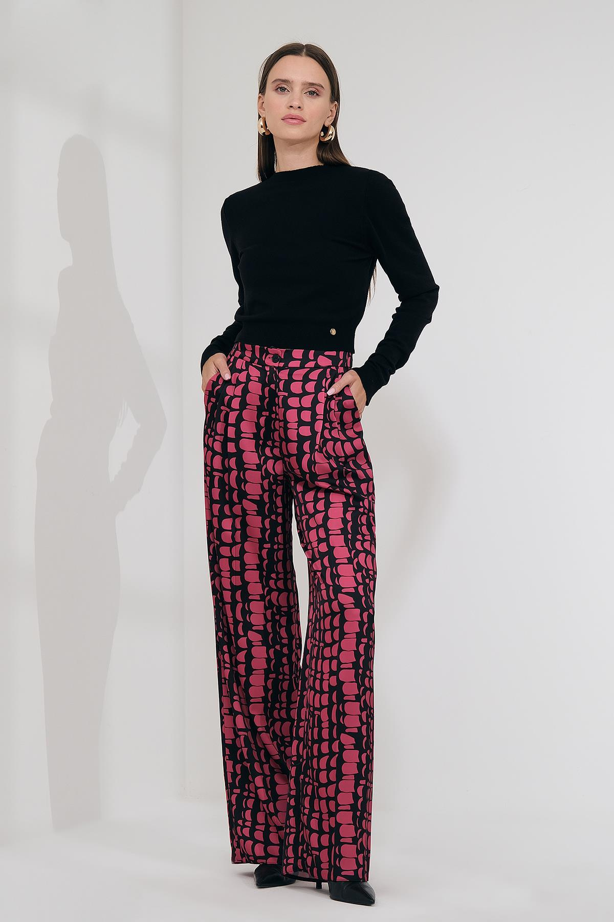 Desenli Saten Önü Pileli Pantolon