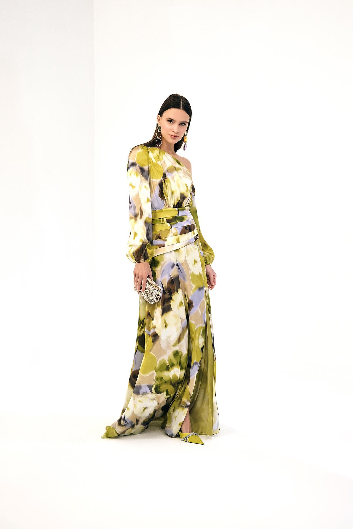 Desenli Saten Tek Omuzlu Şık Maxi Abiye Elbise