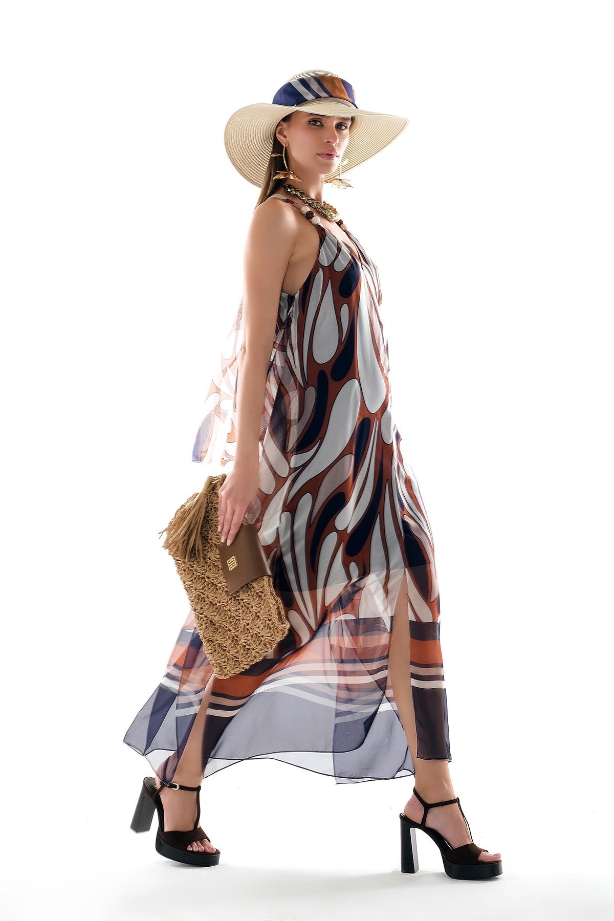 Desenli Şifon Askısı Boncuk Aksesuarlı Midi Boy Elbise