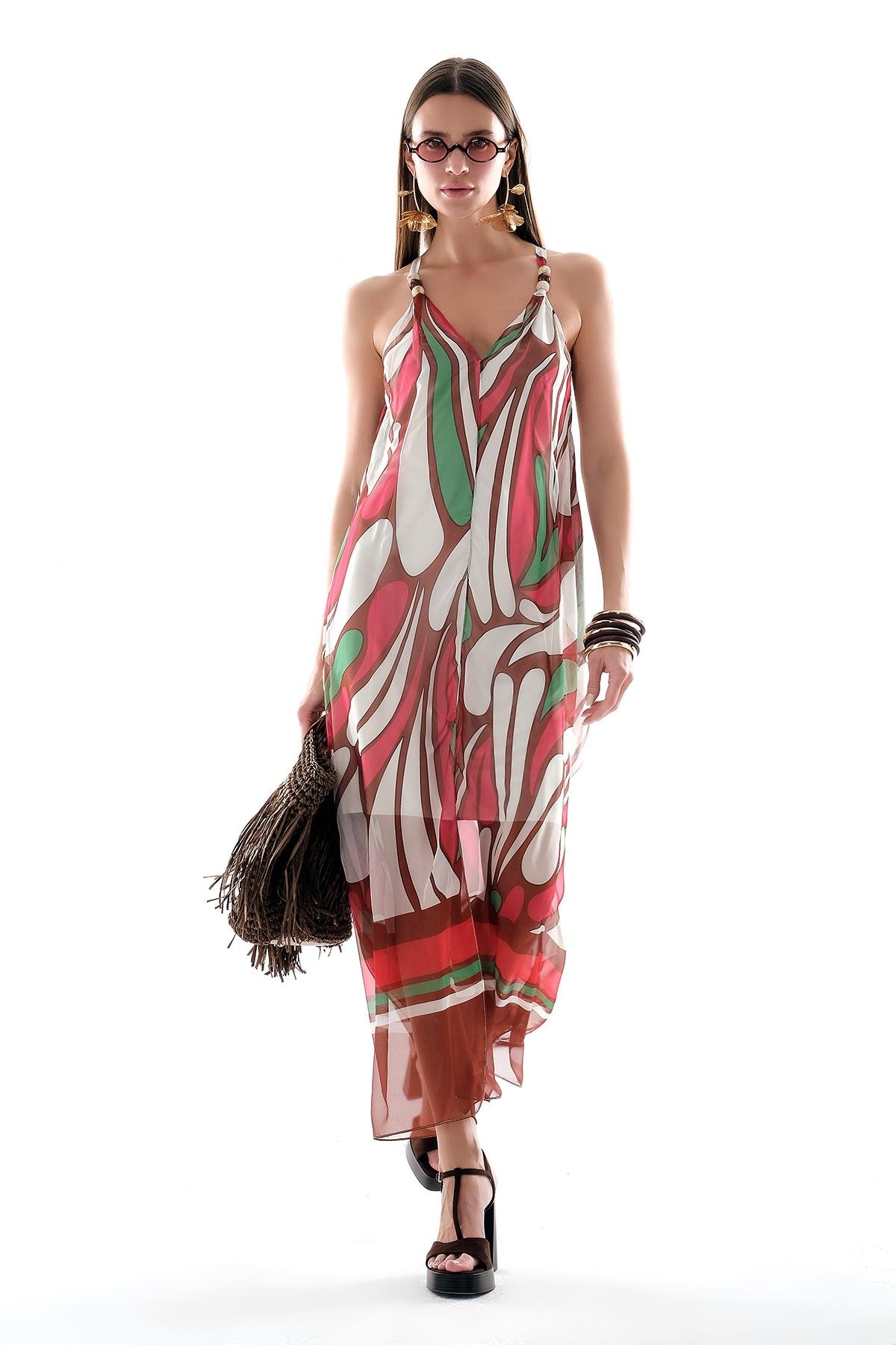 Desenli Şifon Askısı Boncuk Aksesuarlı Midi Boy Elbise