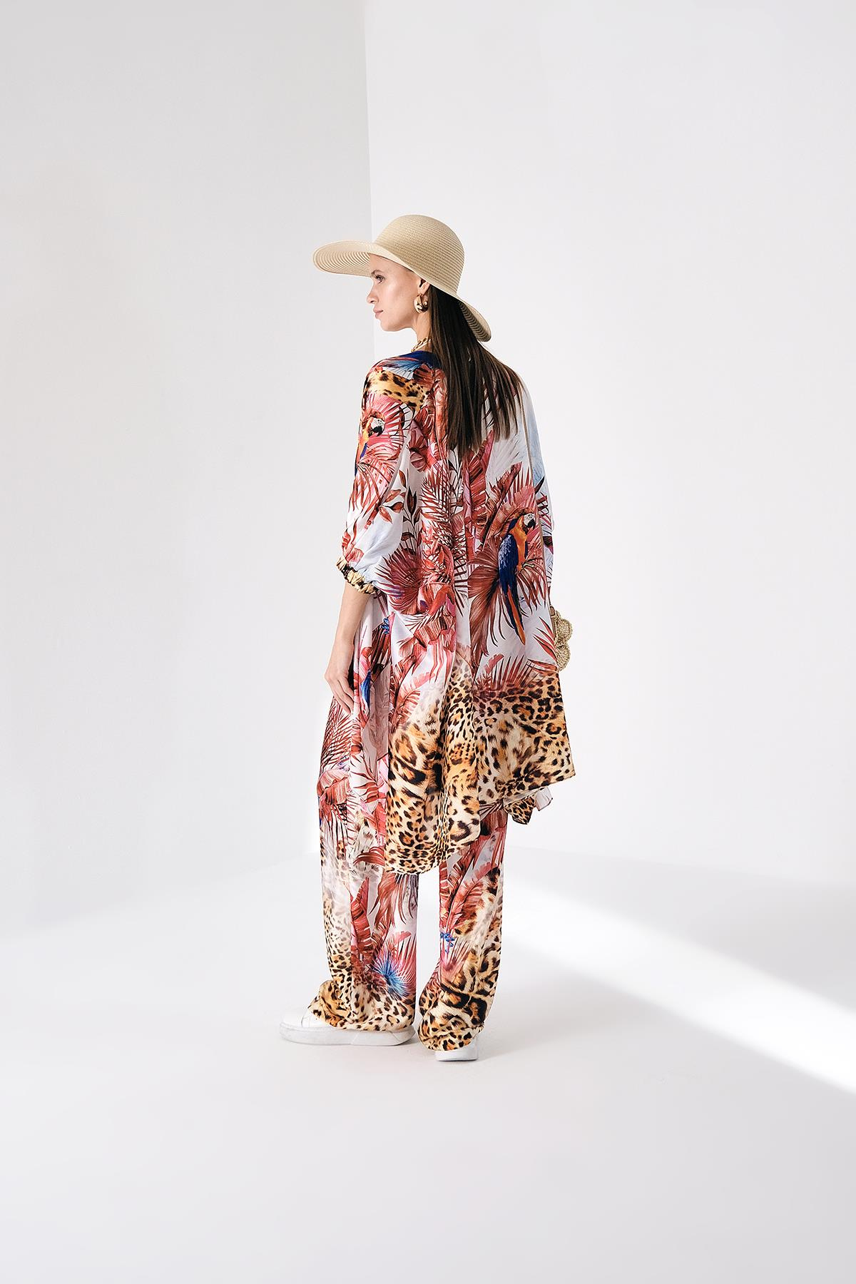 Desenli Şifon Beli Lastik Ve Bağlama Detaylı Bol Paça Pantolon