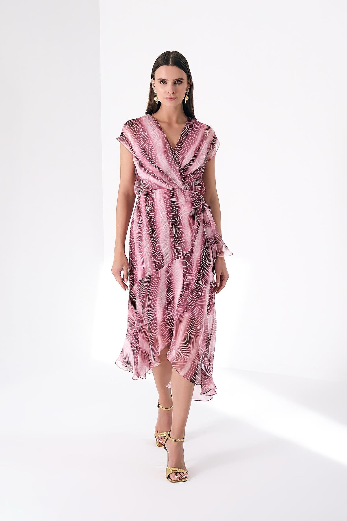 Desenli Şifon V Yaka Düğüm Detaylı Midi Elbise