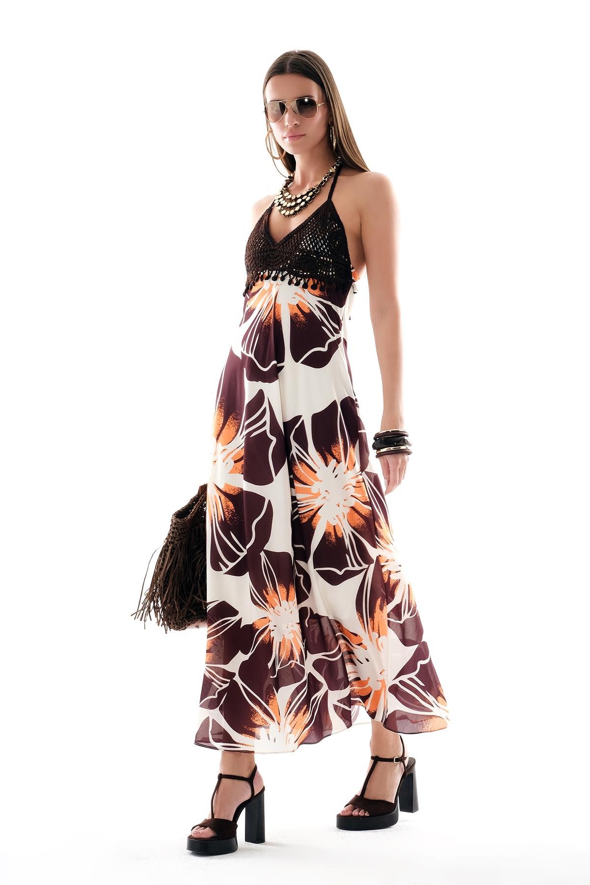 Desenli Vual Örgü Büstiyerli Midi Boy Elbise