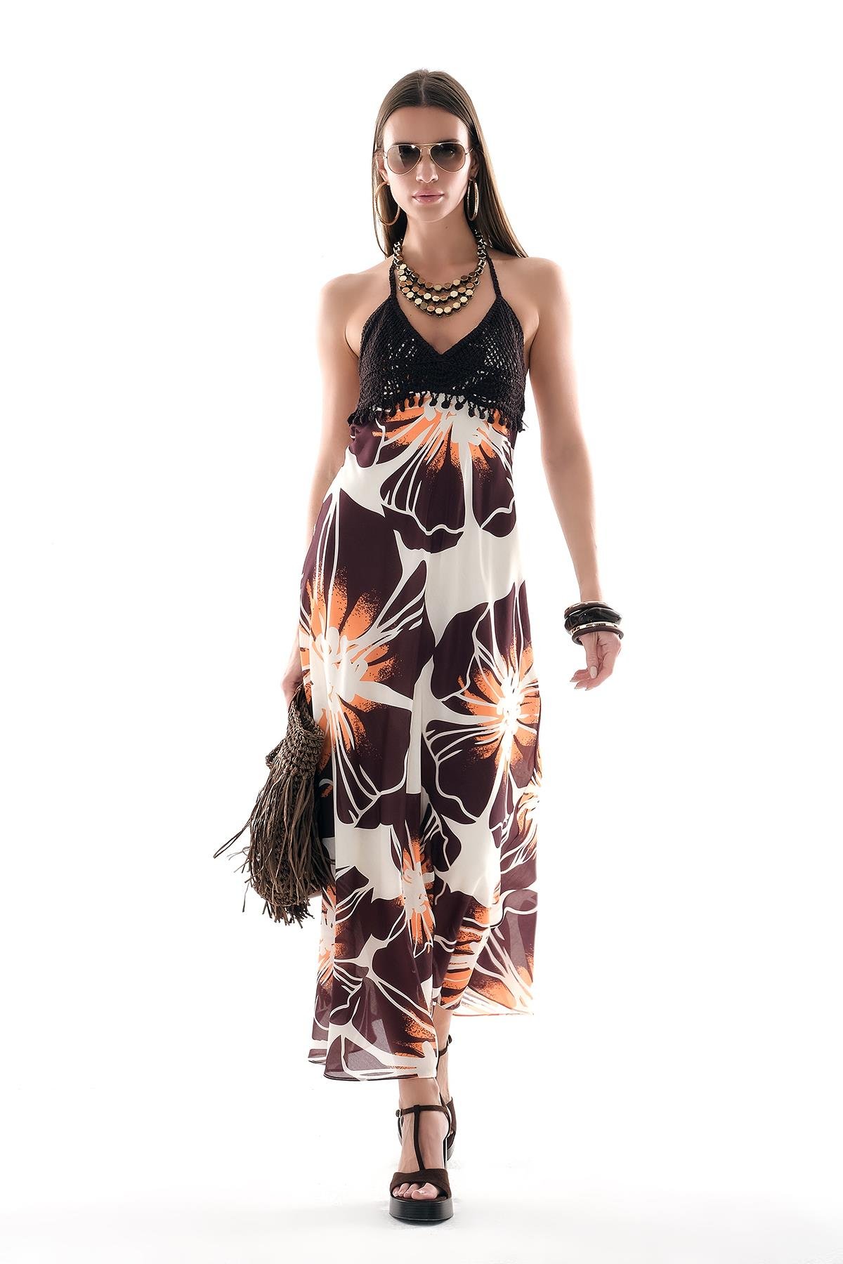 Desenli Vual Örgü Büstiyerli Midi Boy Elbise